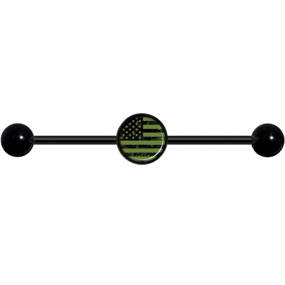 14G Green American Flag Black Industrial Barbell 37mm