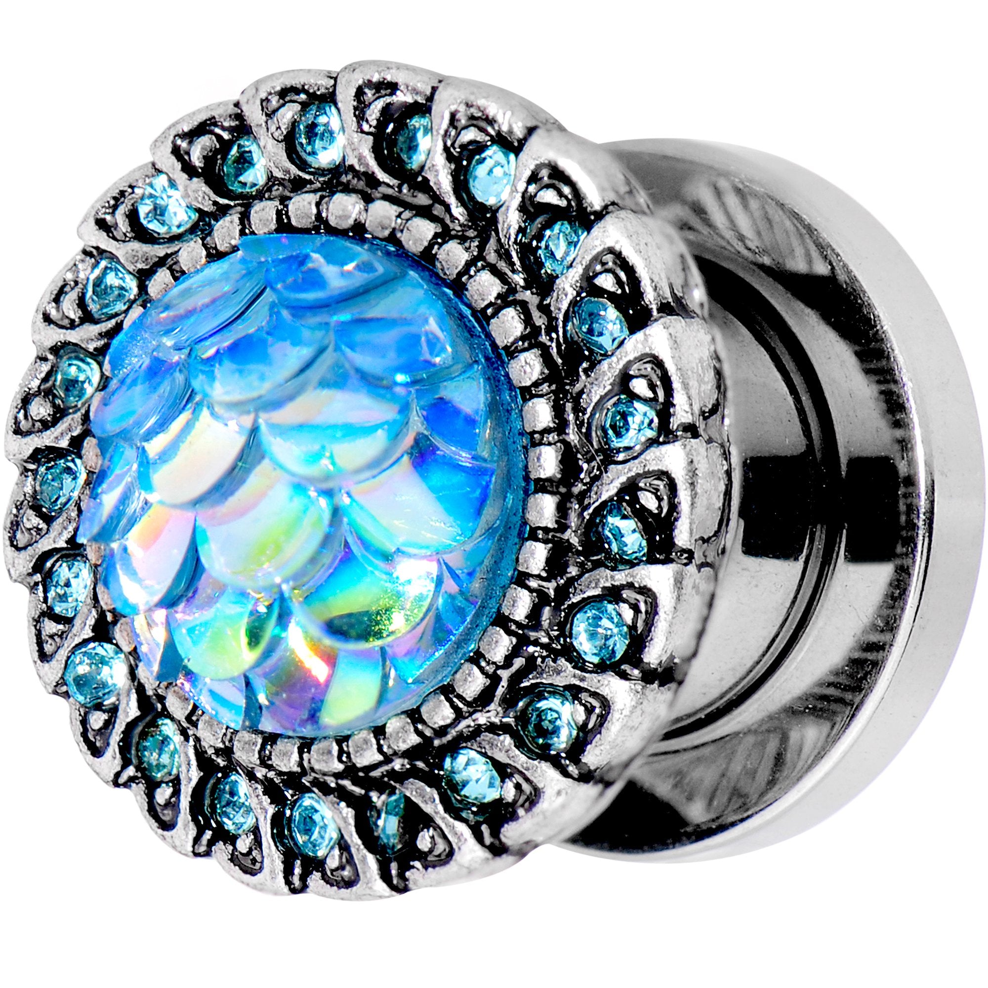 Aqua Gem Iridescent Blue Mermaid Scale Screw Fit Plug Set 6mm to 22mm