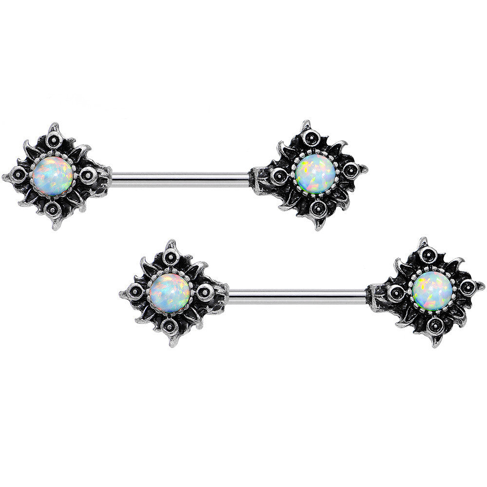 14G 5/8 White Synthetic Opal Tribal Sun Nipple Barbell Set