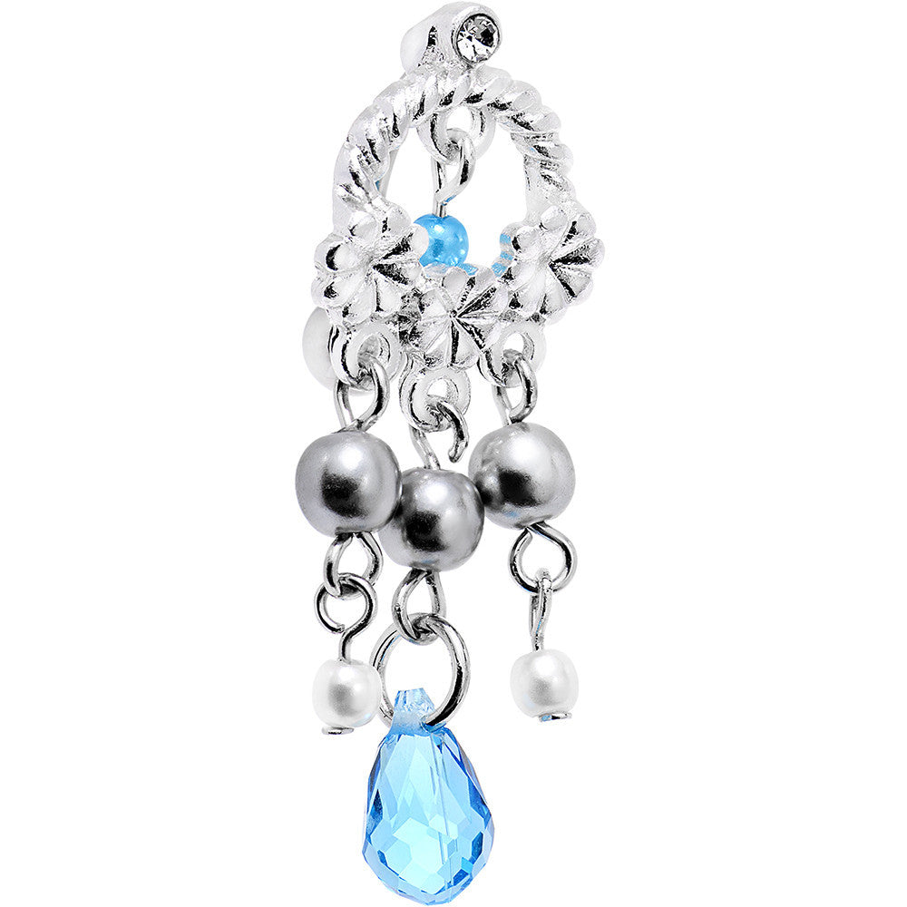 Aqua Blue Gem Embellished Flower Crown Top Mount Dangle Belly Ring