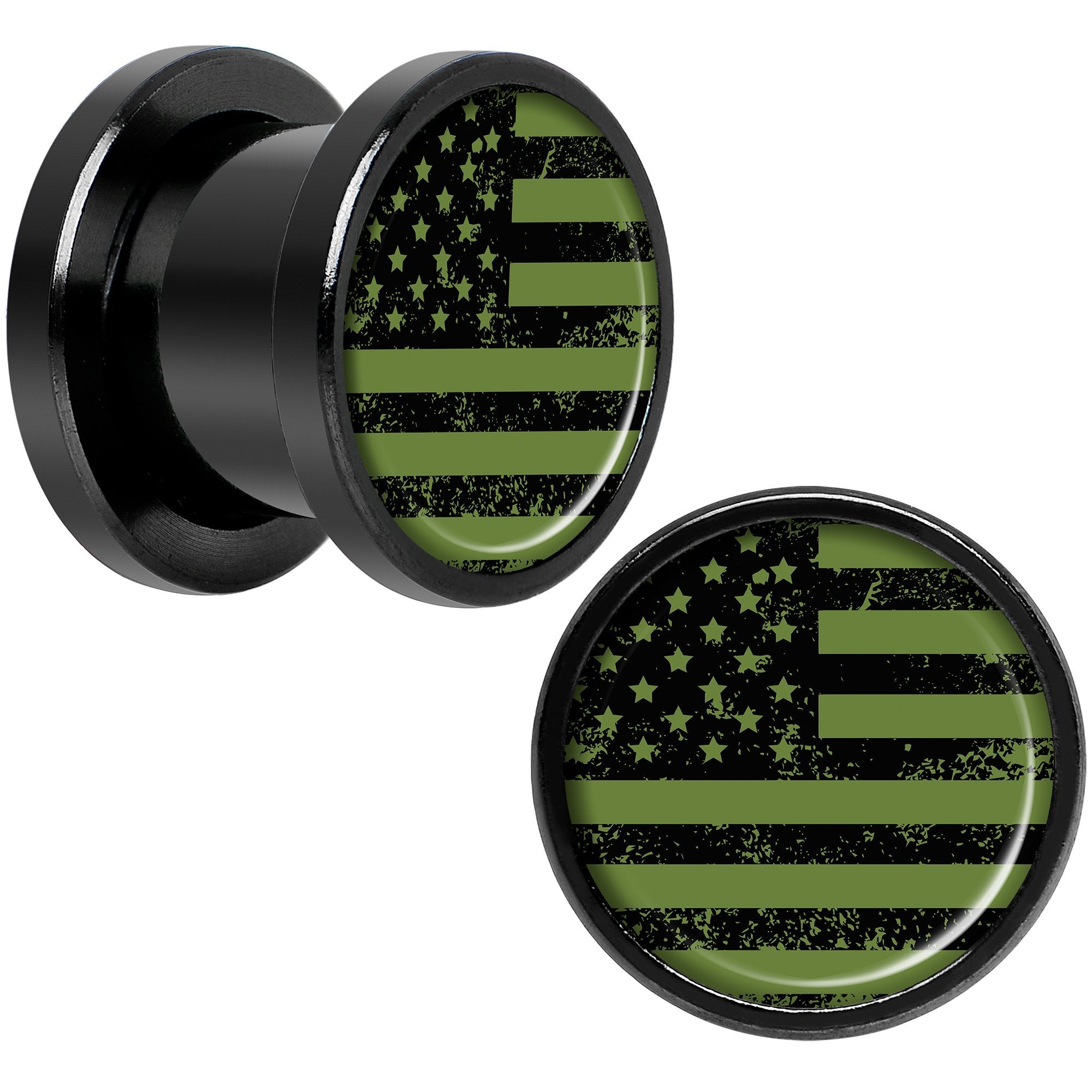 Green American Flag Black Anodized Screw Fit Plug Set 5mm to 20mm