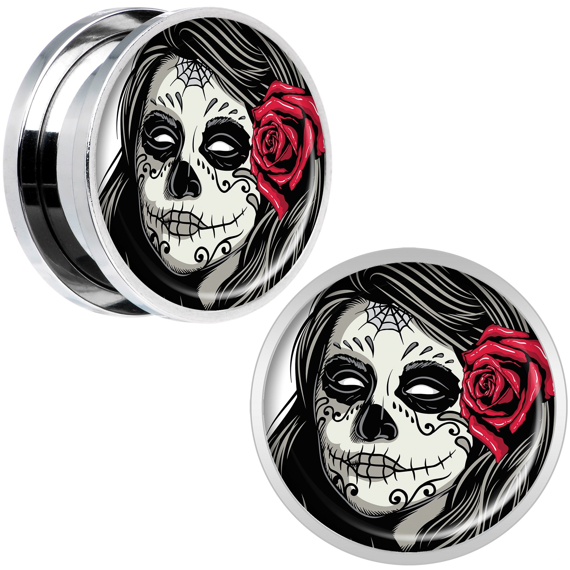 Katrina Sugar Skull with Rose Flower Steel Screw Fit Plug Set 18mm