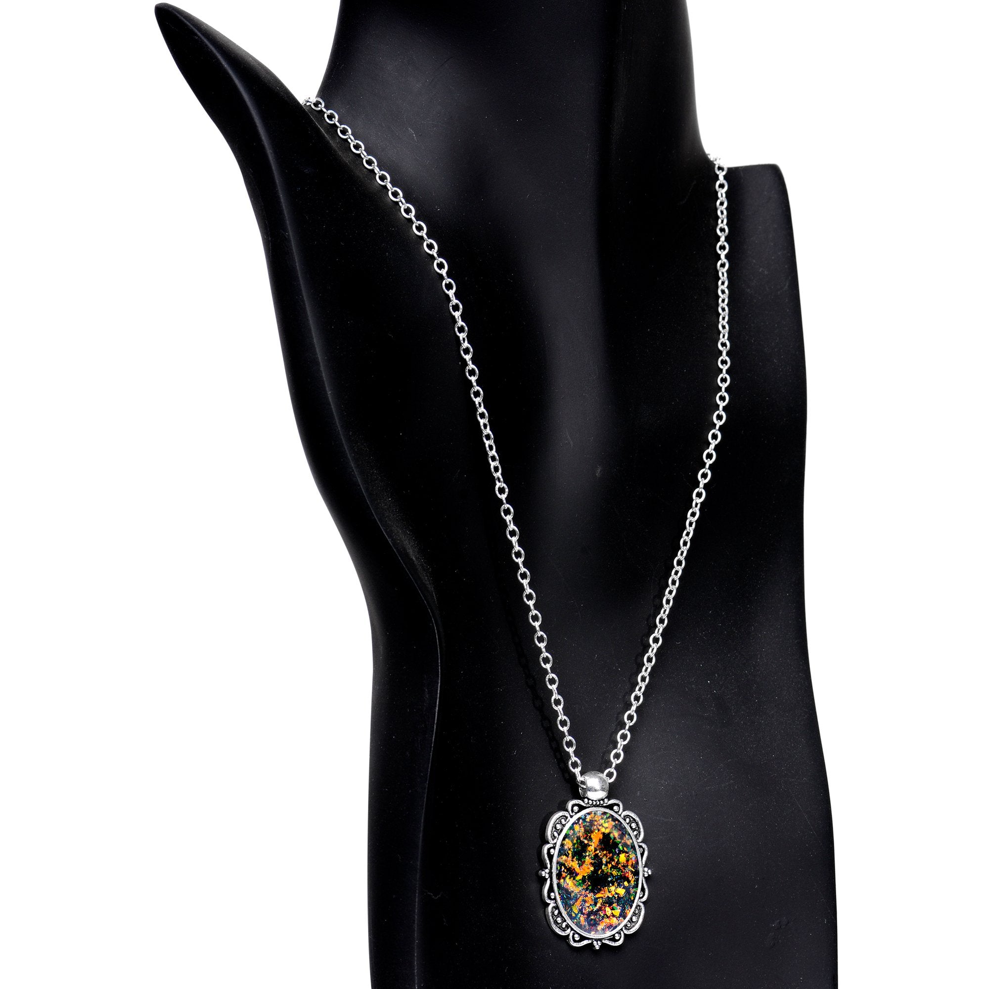 Handcrafted Black Faux Opal Splash Silver Plated Chain Necklace