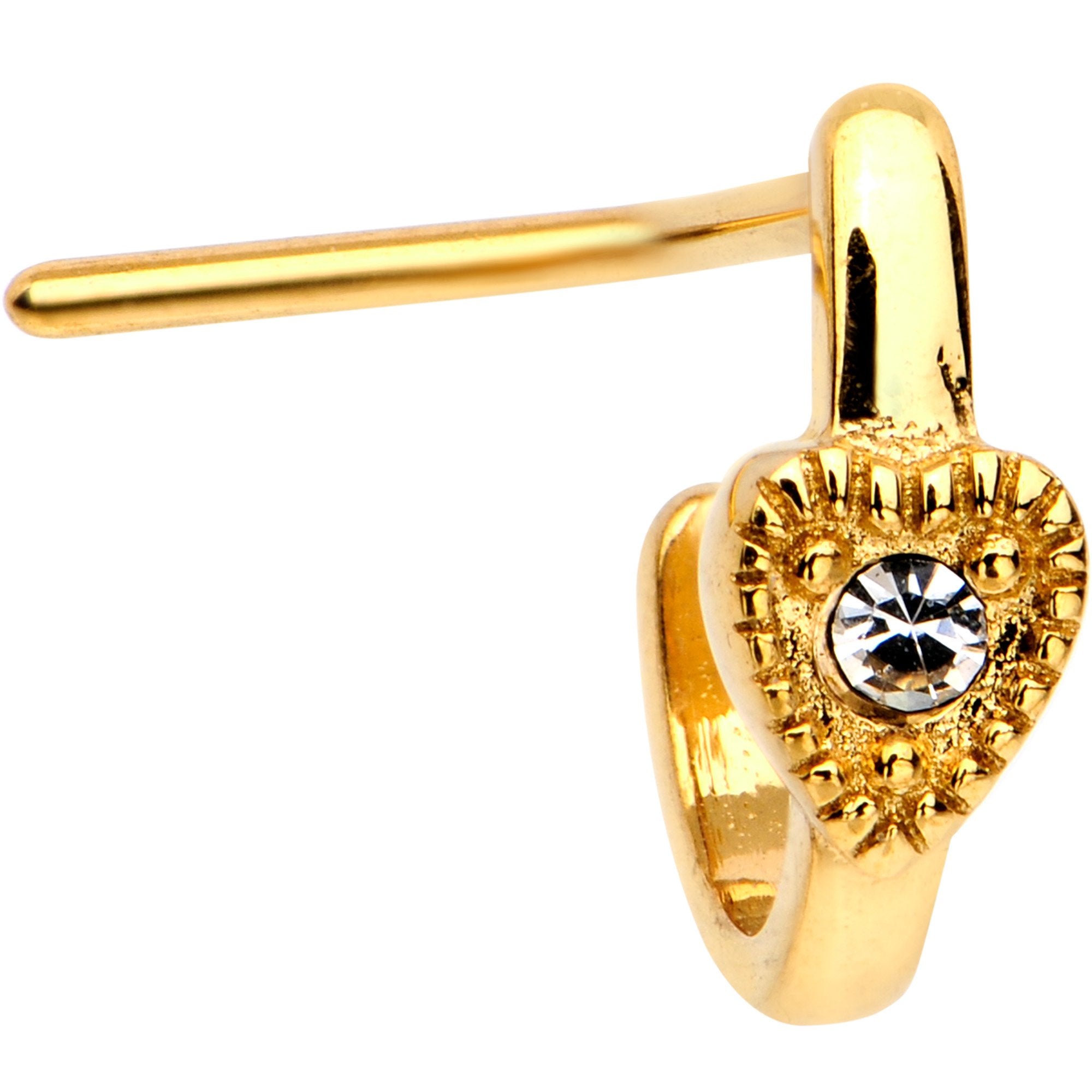 20G Clear Gem Gold Tone Heart Faux Hoop L Shaped Nose Ring