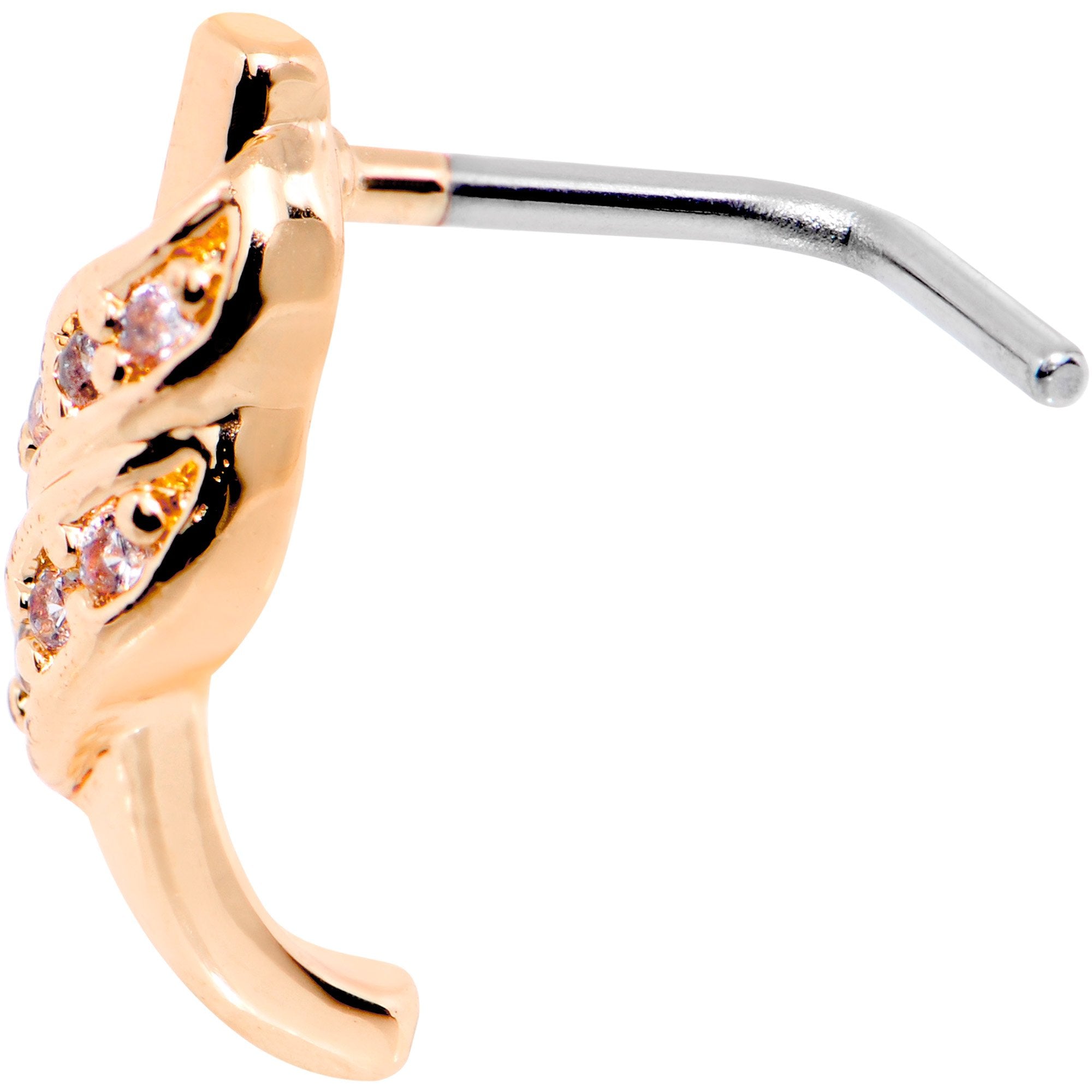 20G Clear CZ Rose Gold Tone Swish Faux Hoop L Shaped Nose Ring