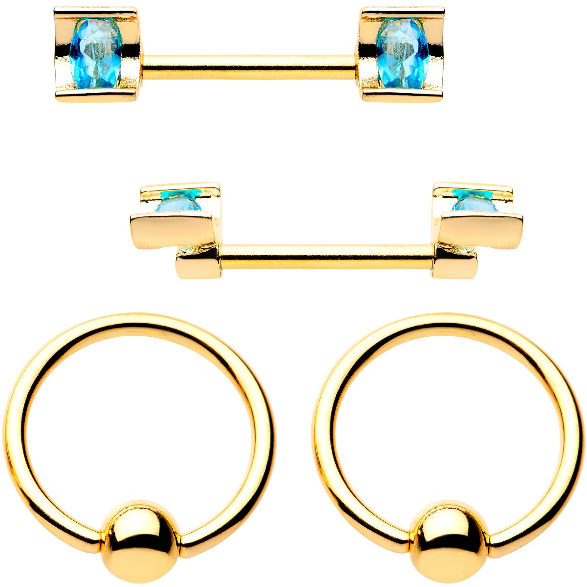 14G Blue Gem Gold Tone Sccop Captive Ring Barbell Nipple Ring Set