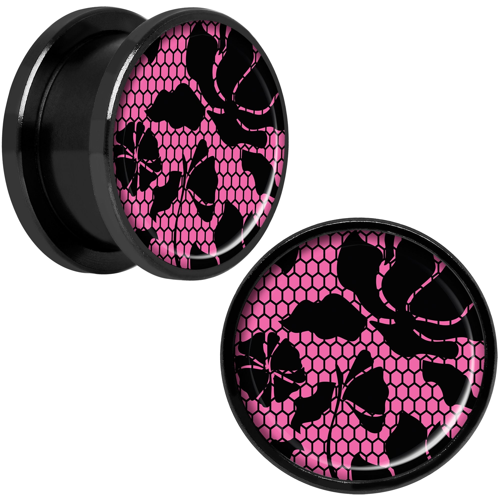 Pink Floral Lace Black Anodized Screw Fit Plug Set 5/8