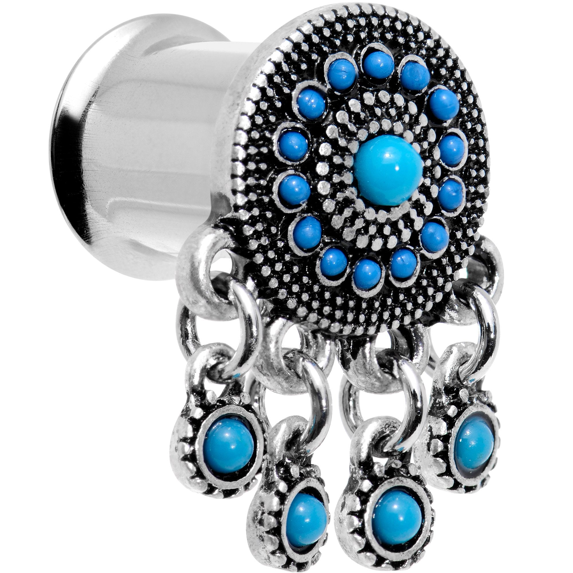 Southwest Blue Drum Dreamcatcher Dangle Double Flare Plug Set 6mm to 25mm