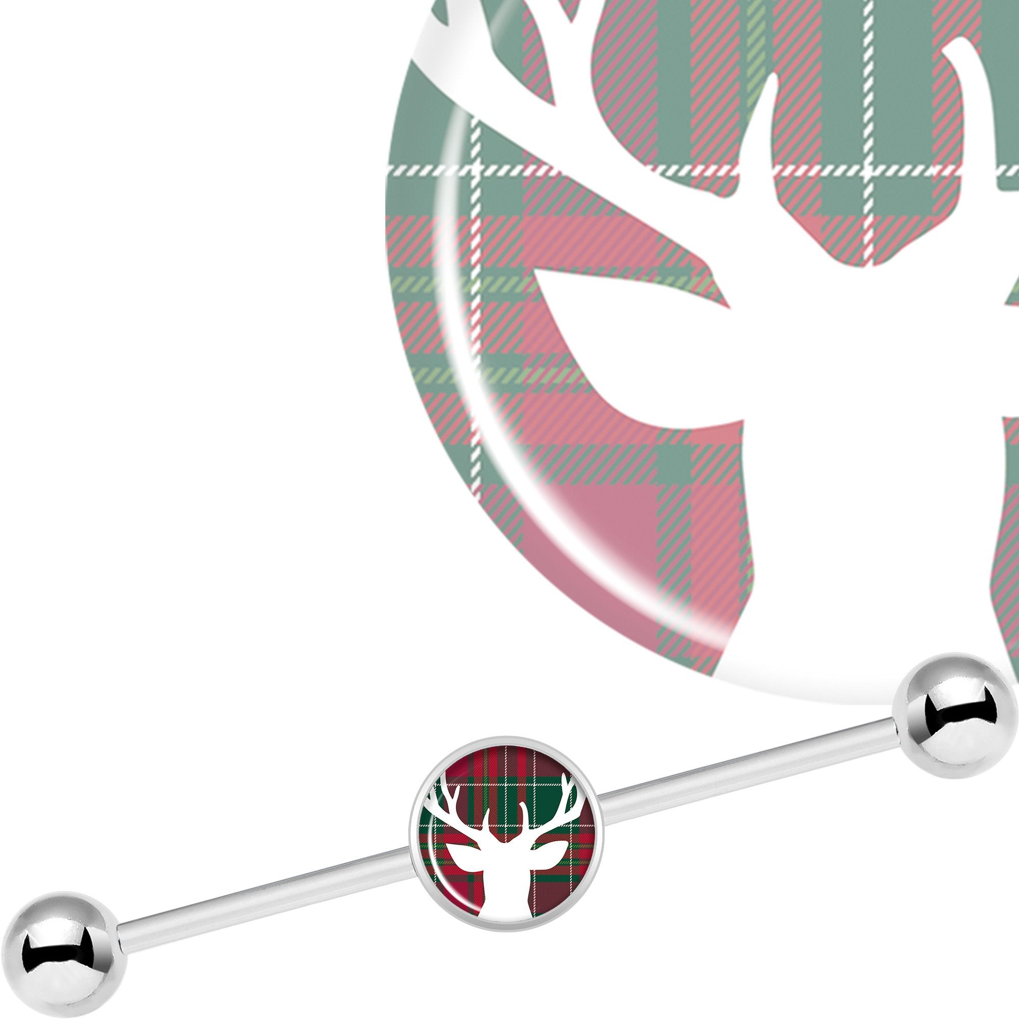 14G Red Green Plaid Reindeer Industrial Barbell 37mm