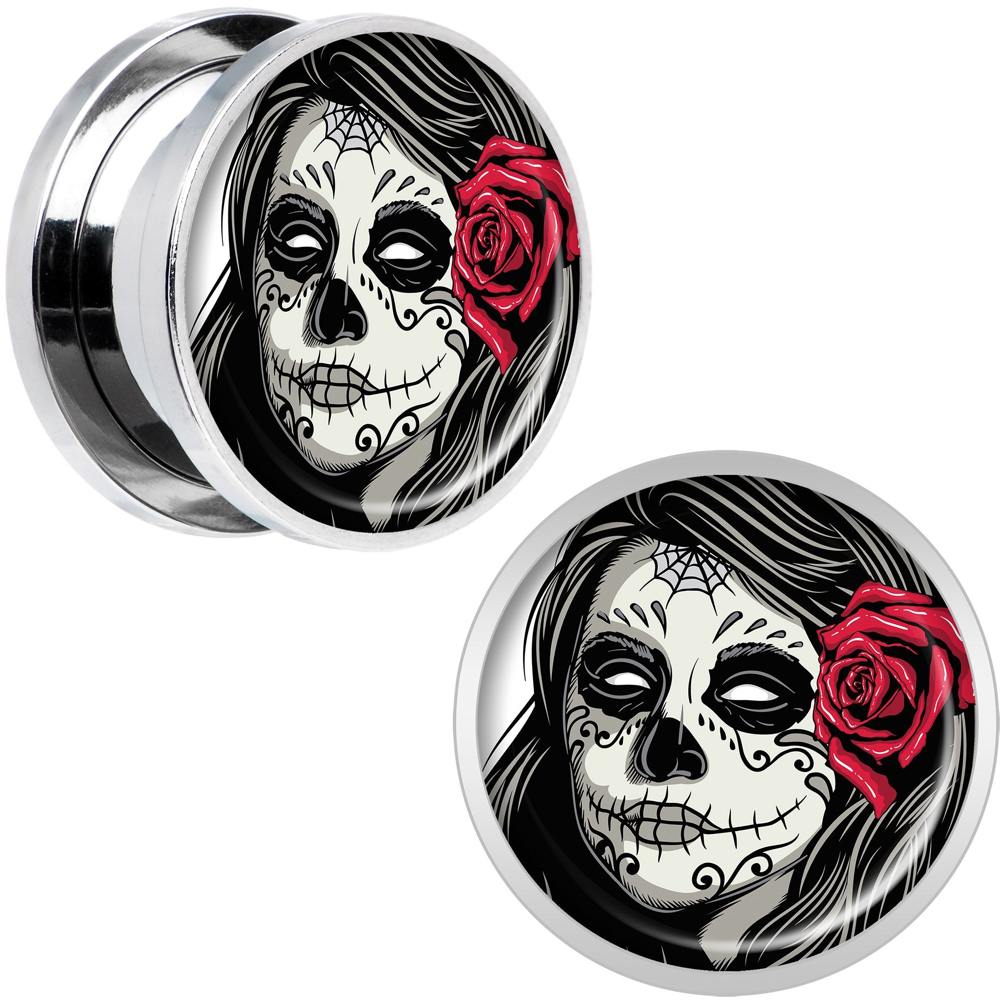 Katrina Sugar Skull with Rose Flower Steel Screw Fit Plug Set 5/8