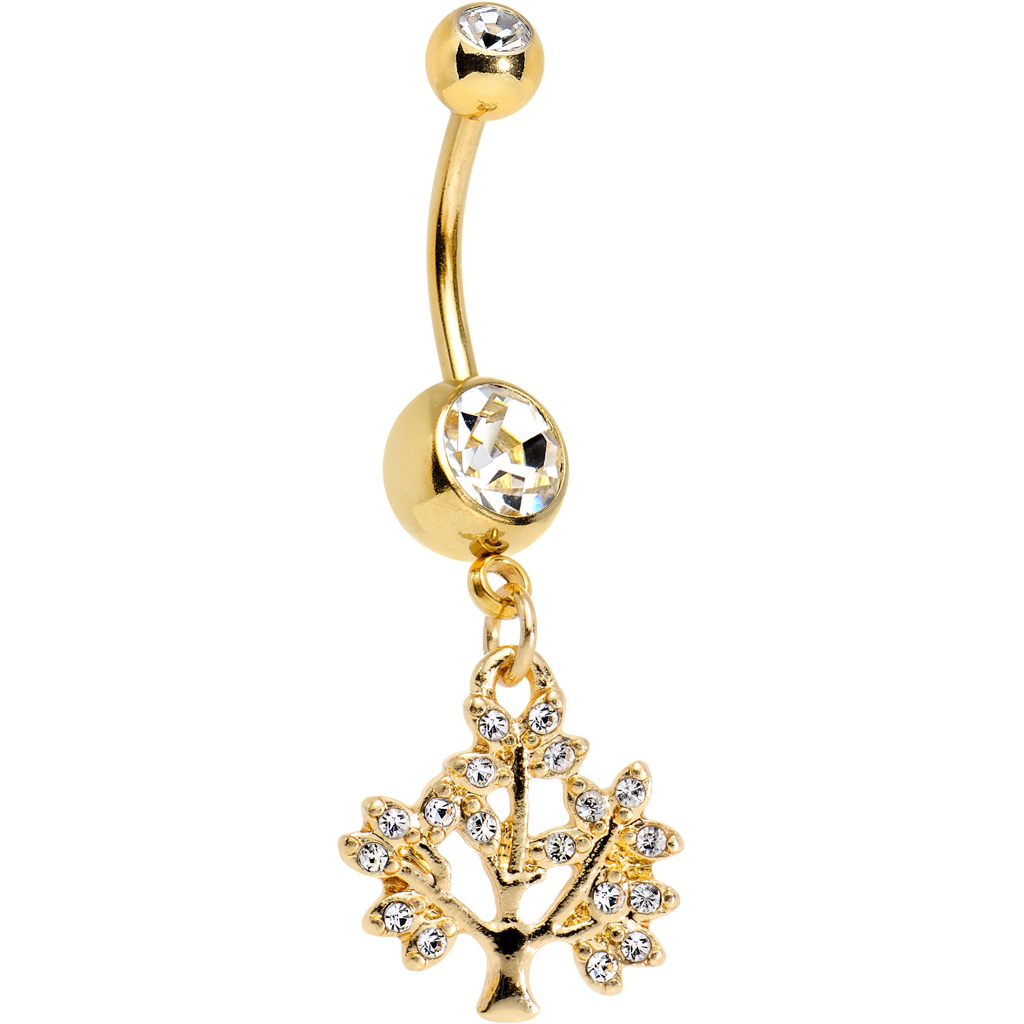 Clear Gem Gold Anodized Tree of Life Dangle Belly Ring