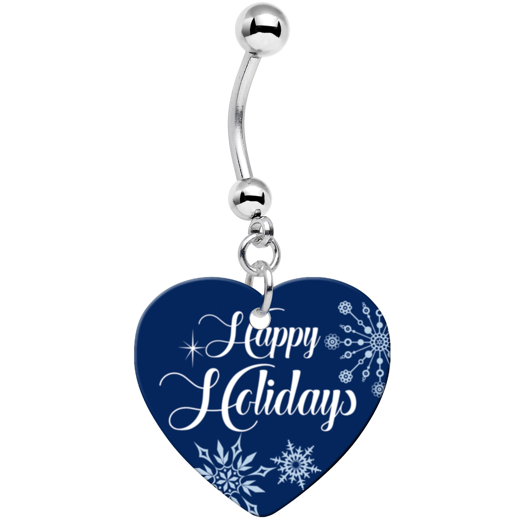 Happy Holidays Snowflake Heart Dangle Hypoallergenic Stainless Steel Belly Ring