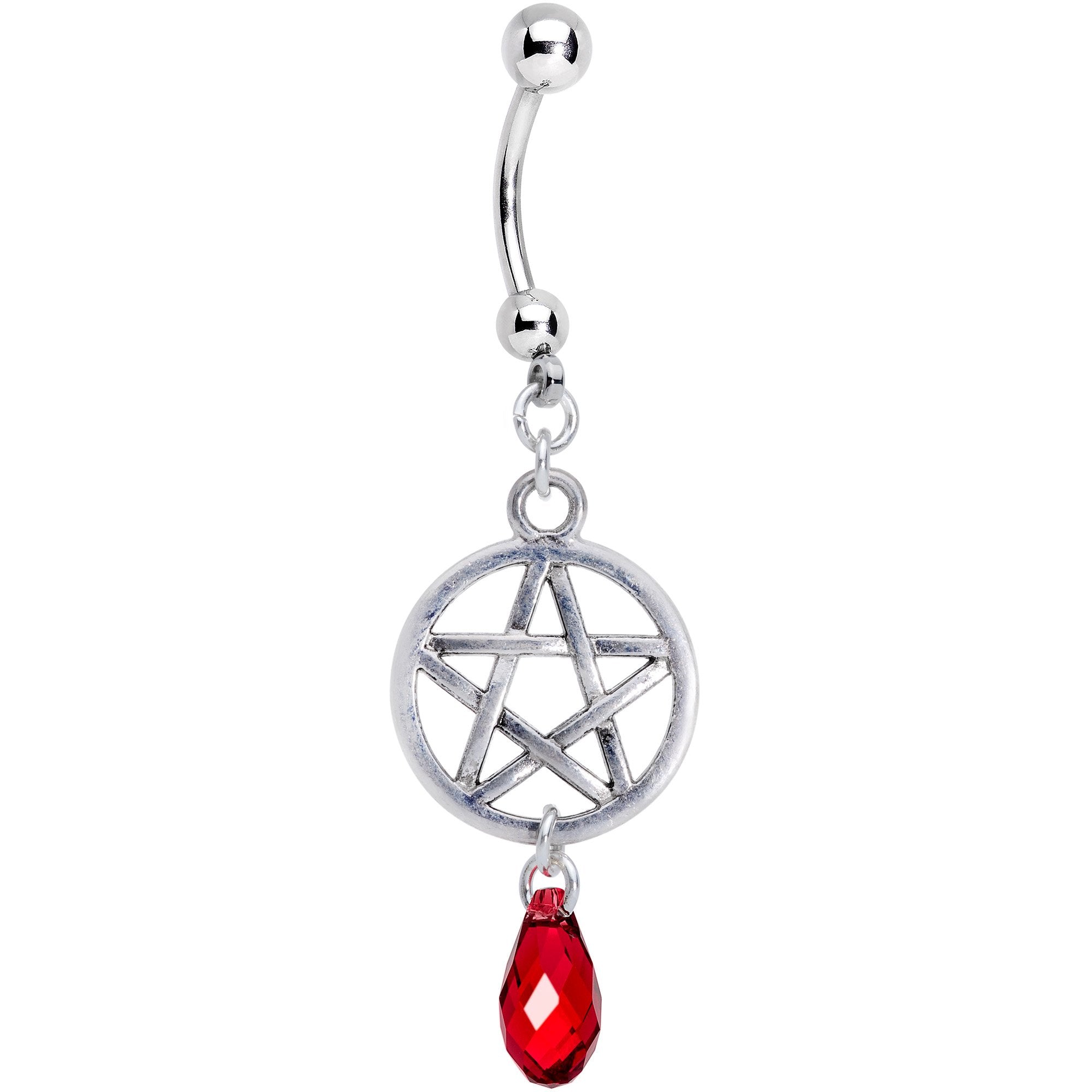 Red Gem Pentagram Dangle Belly Ring Created with Crystals