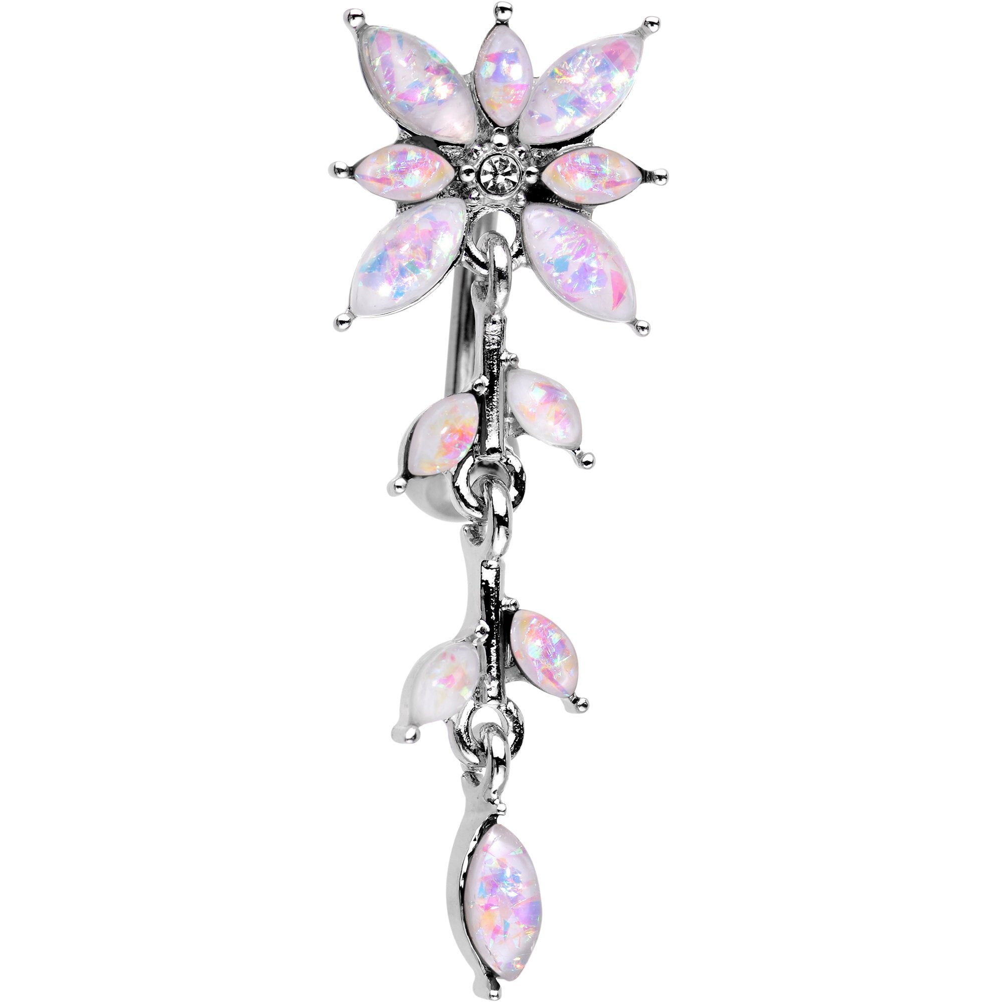 White Faux Opal Frosted Flower Trail Top Mount Dangle Belly Ring