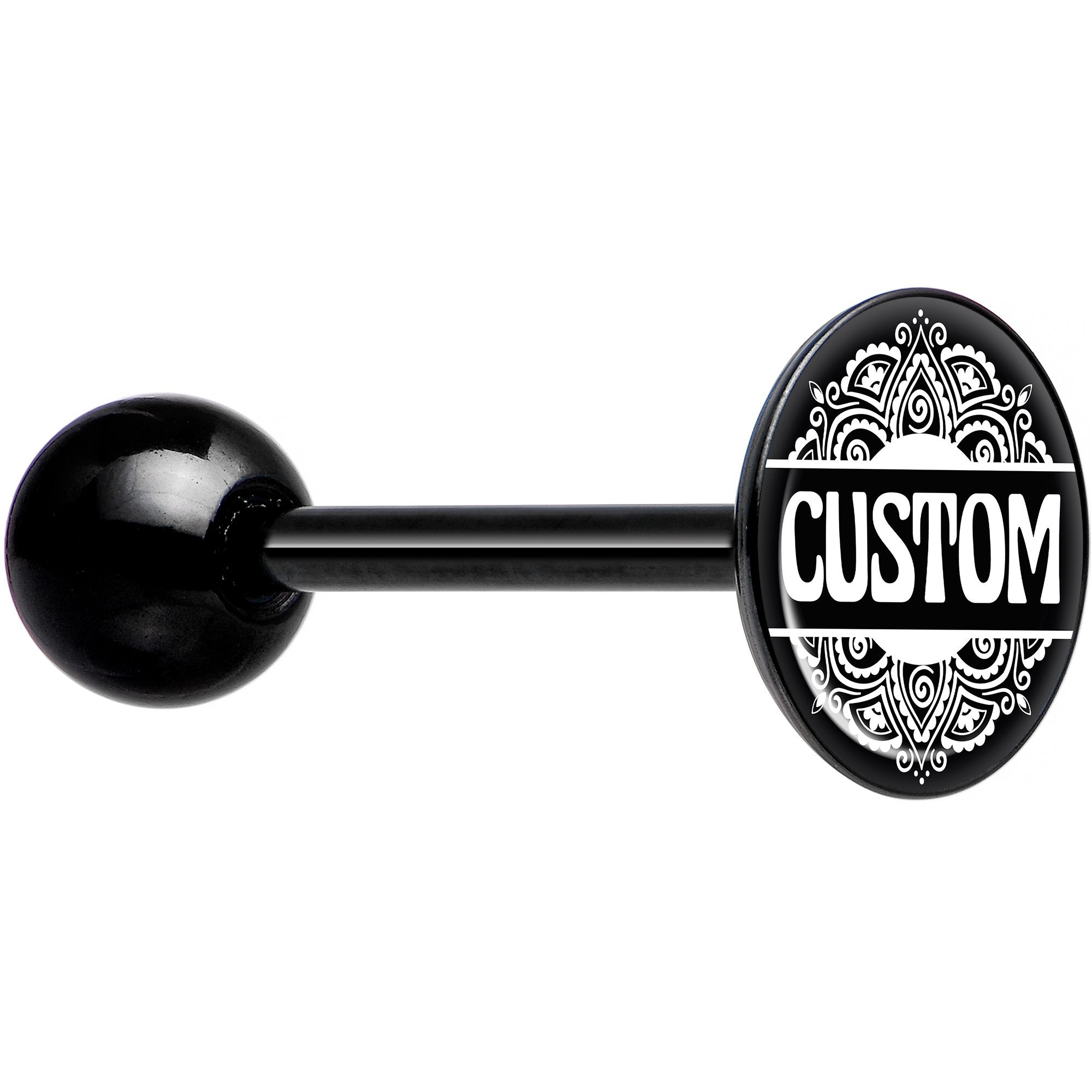 Custom Black Mandala Personalized Name Black Barbell Tongue Ring