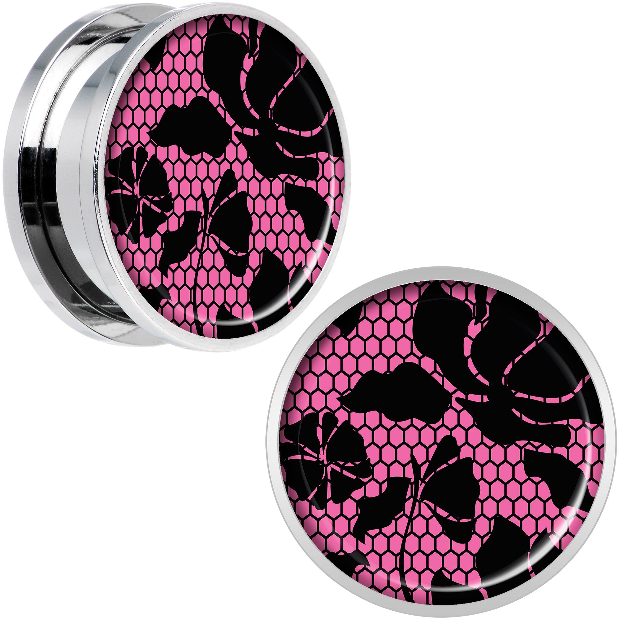 Pink Floral Lace Steel Screw Fit Plug Set 20mm