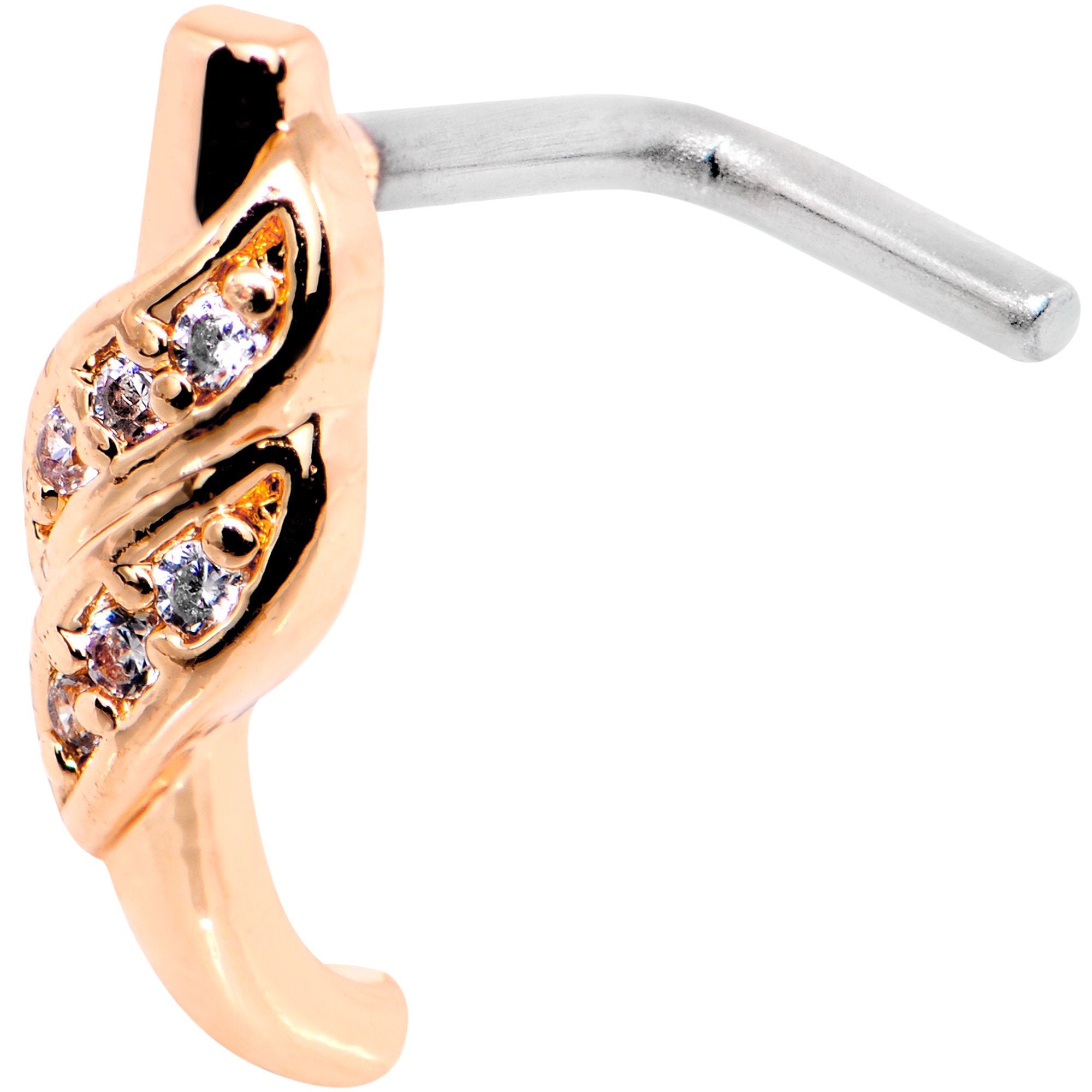 18G Clear CZ Rose Gold Tone Swish Faux Hoop L Shaped Nose Ring