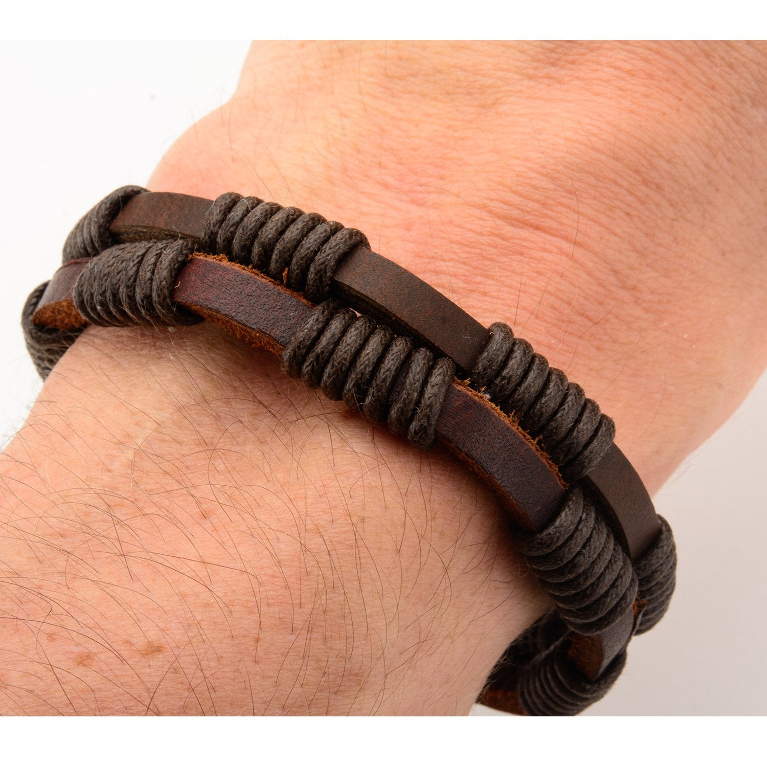 Mens Double Brown Leather with Rope 3mm Bracelet