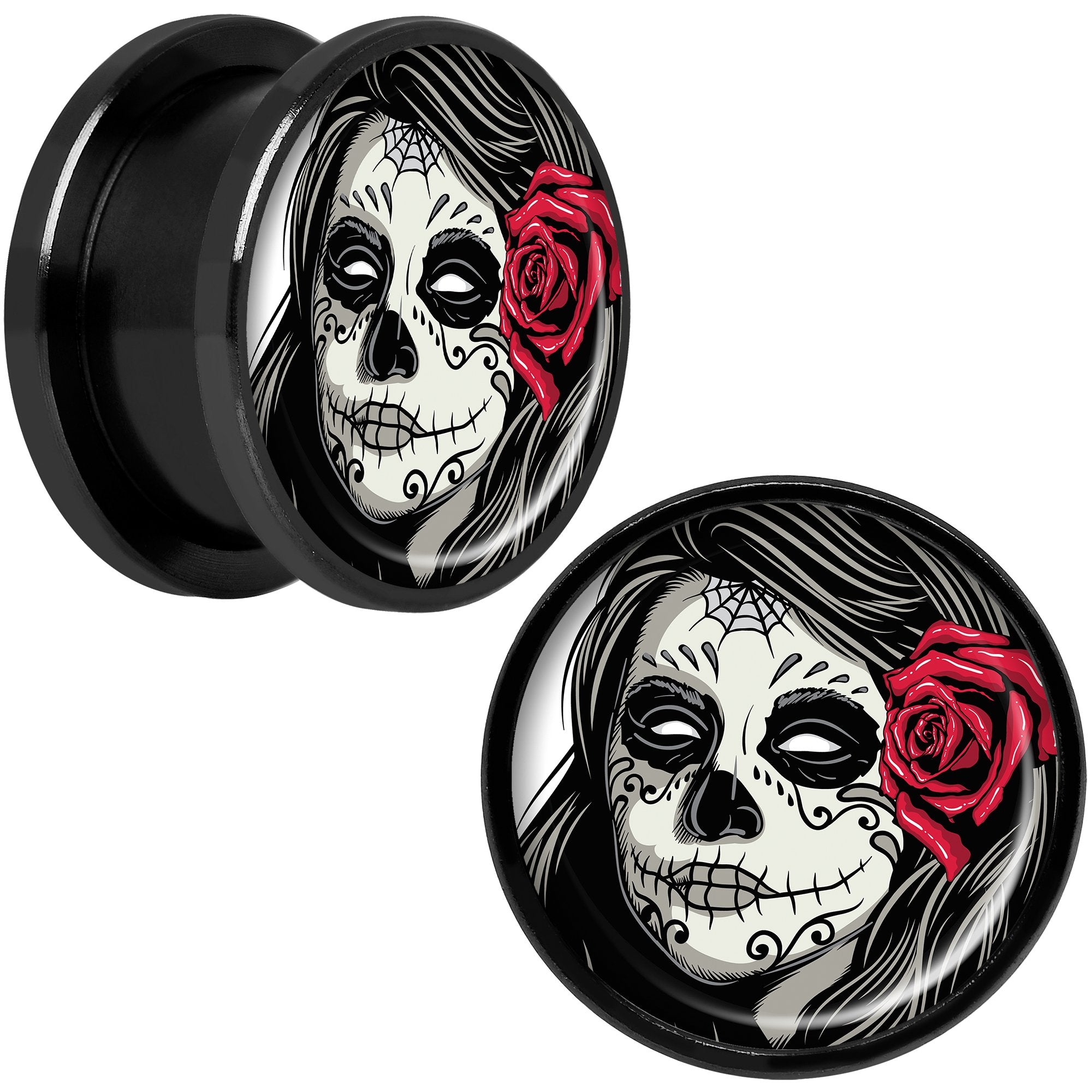 Katrina Sugar Skull with Rose Flower Black Anodized Screw Fit Plug Set 5/8