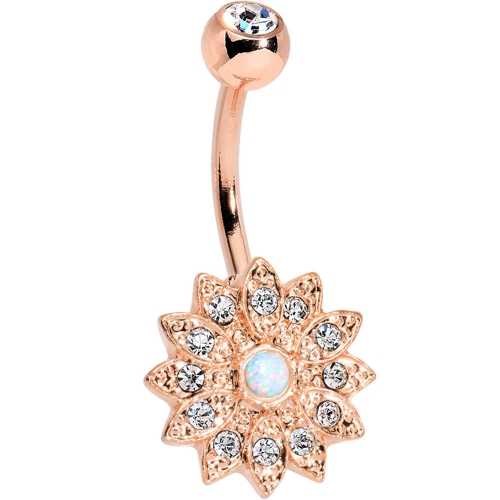 White Faux Opal Clear Gem Rose Gold Plated Fancy Flower Belly Ring
