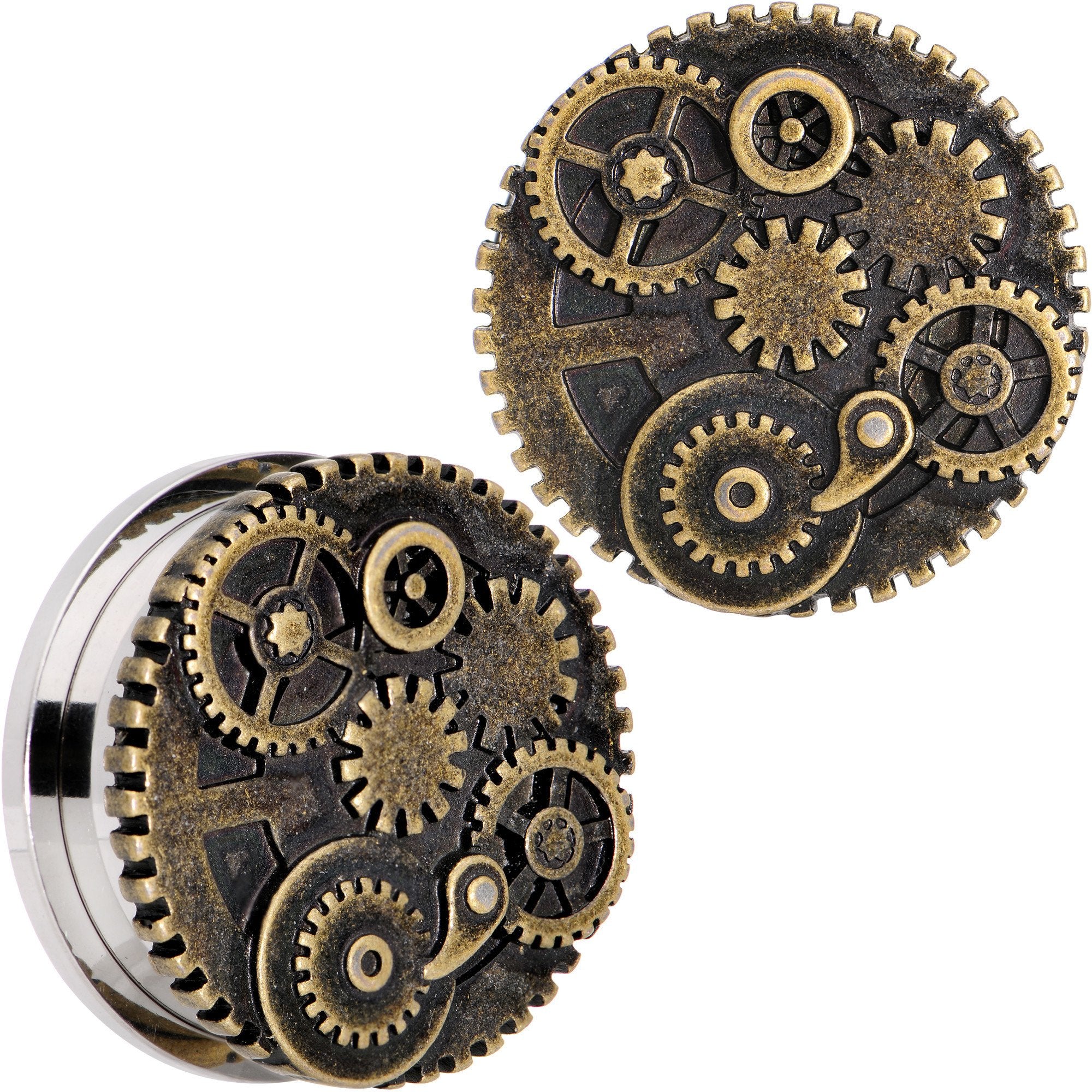 Steampunk Gears and Gizmos Screw Fit Tunnel Plug Set 2G to 1 Inch