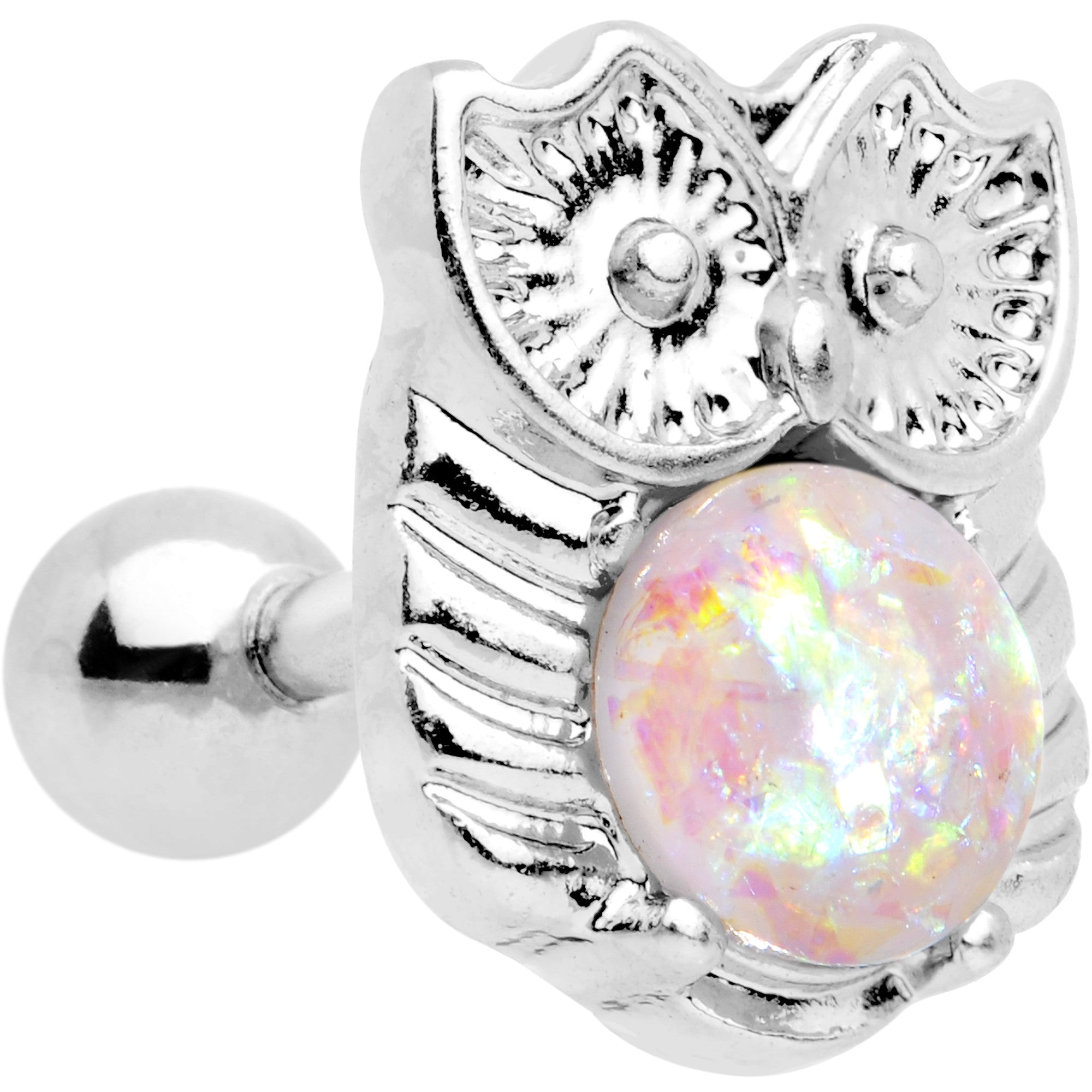 16G 1/4 White Faux Opal Guardian Owl Cartilage Tragus Earring