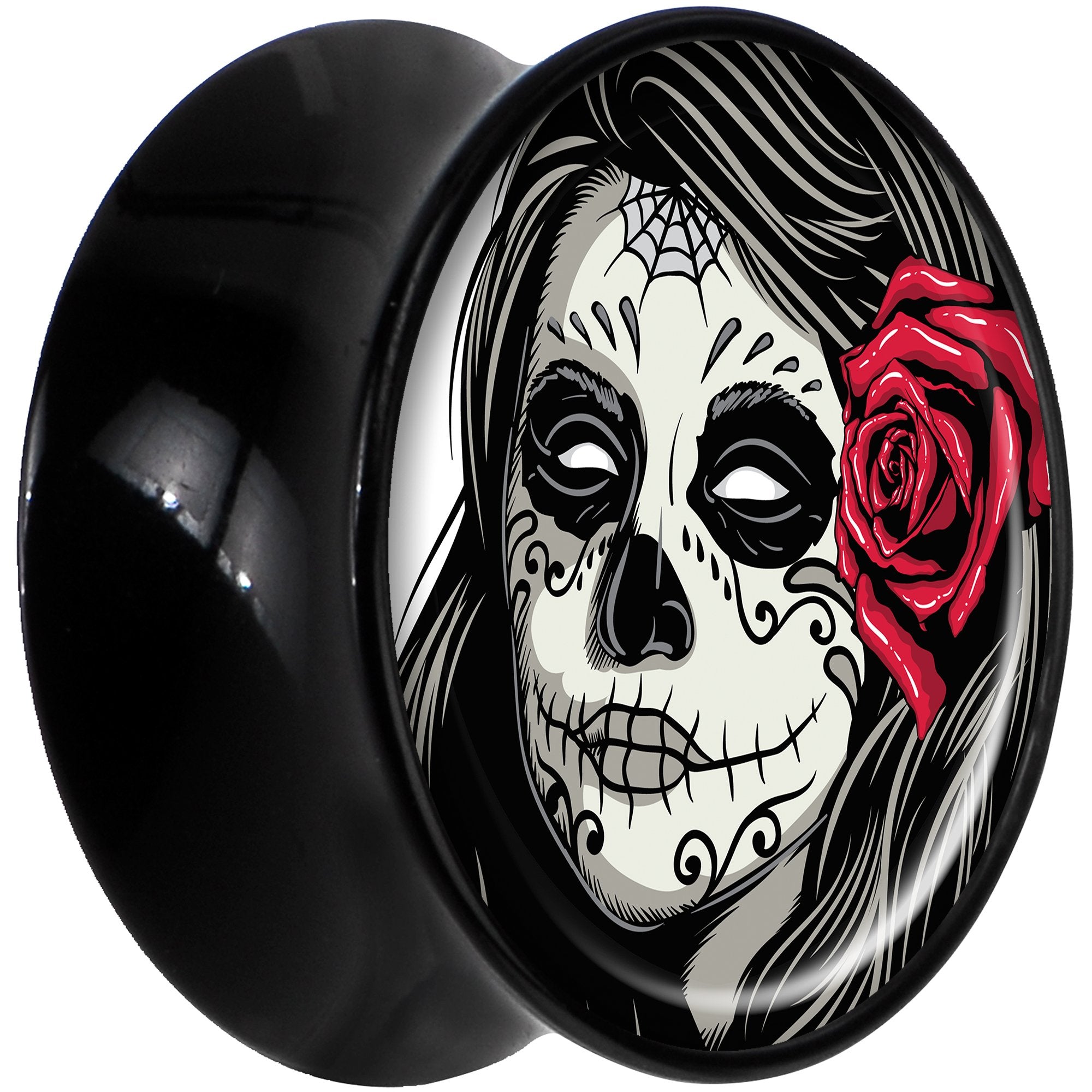 Black Acrylic Katrina Sugar Skull with Rose Flower Saddle Plug Set 20mm
