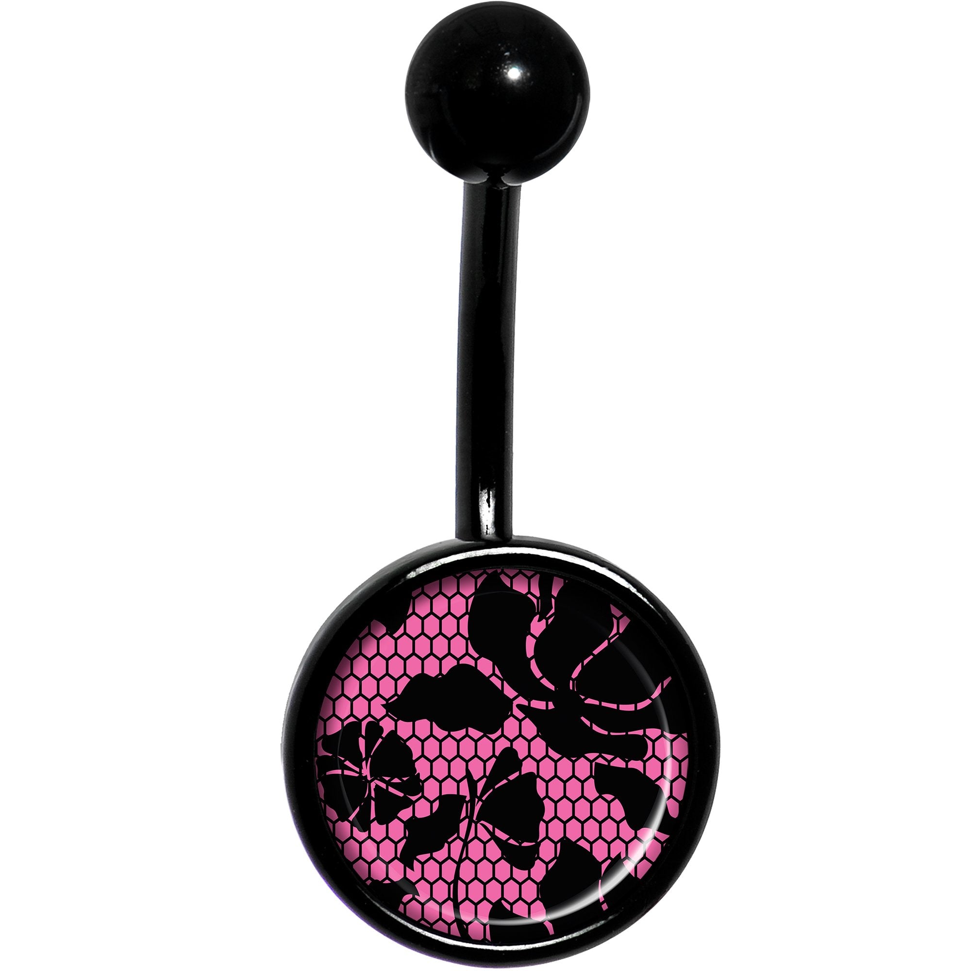 Pink Floral Lace Black Stainless Steel Belly Ring lightweight comfortable