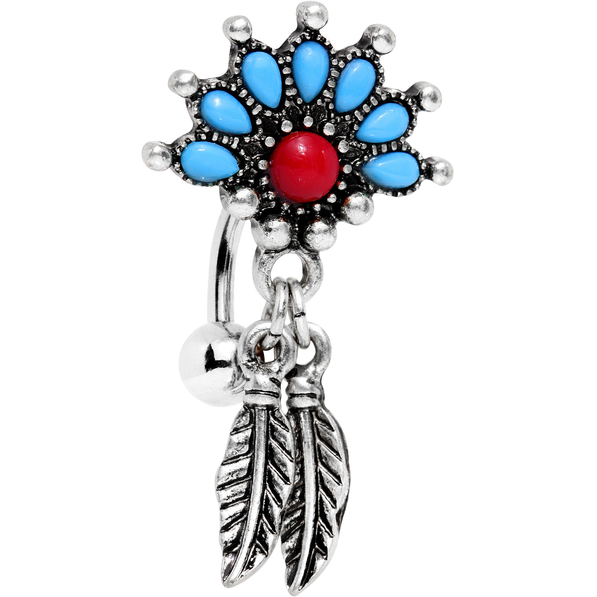 Red Blue Orb Fan Feather Top Mount Dangle Belly Ring
