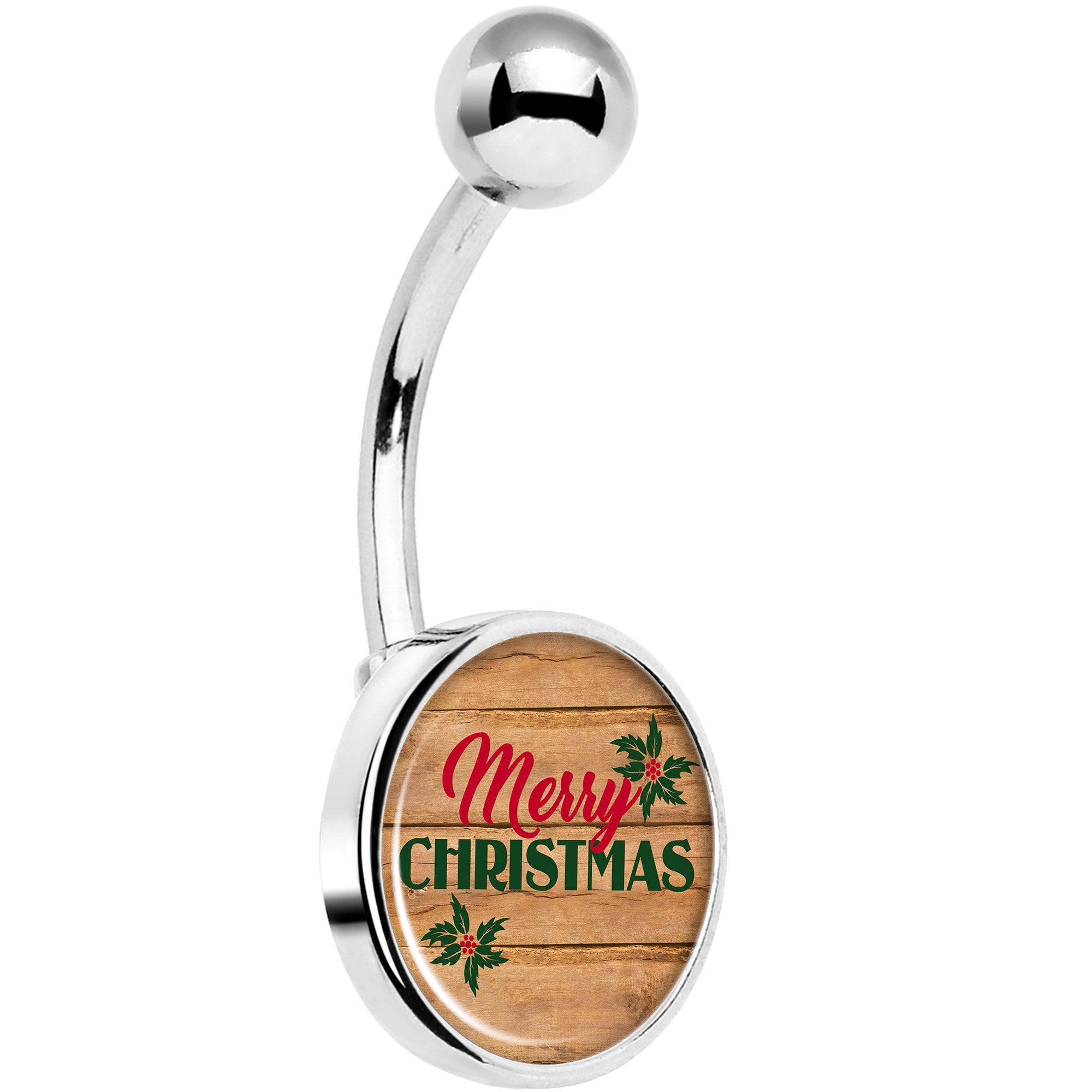 Rustic Wood Merry Christmas Hypoallergenic Stainless Steel Belly Ring