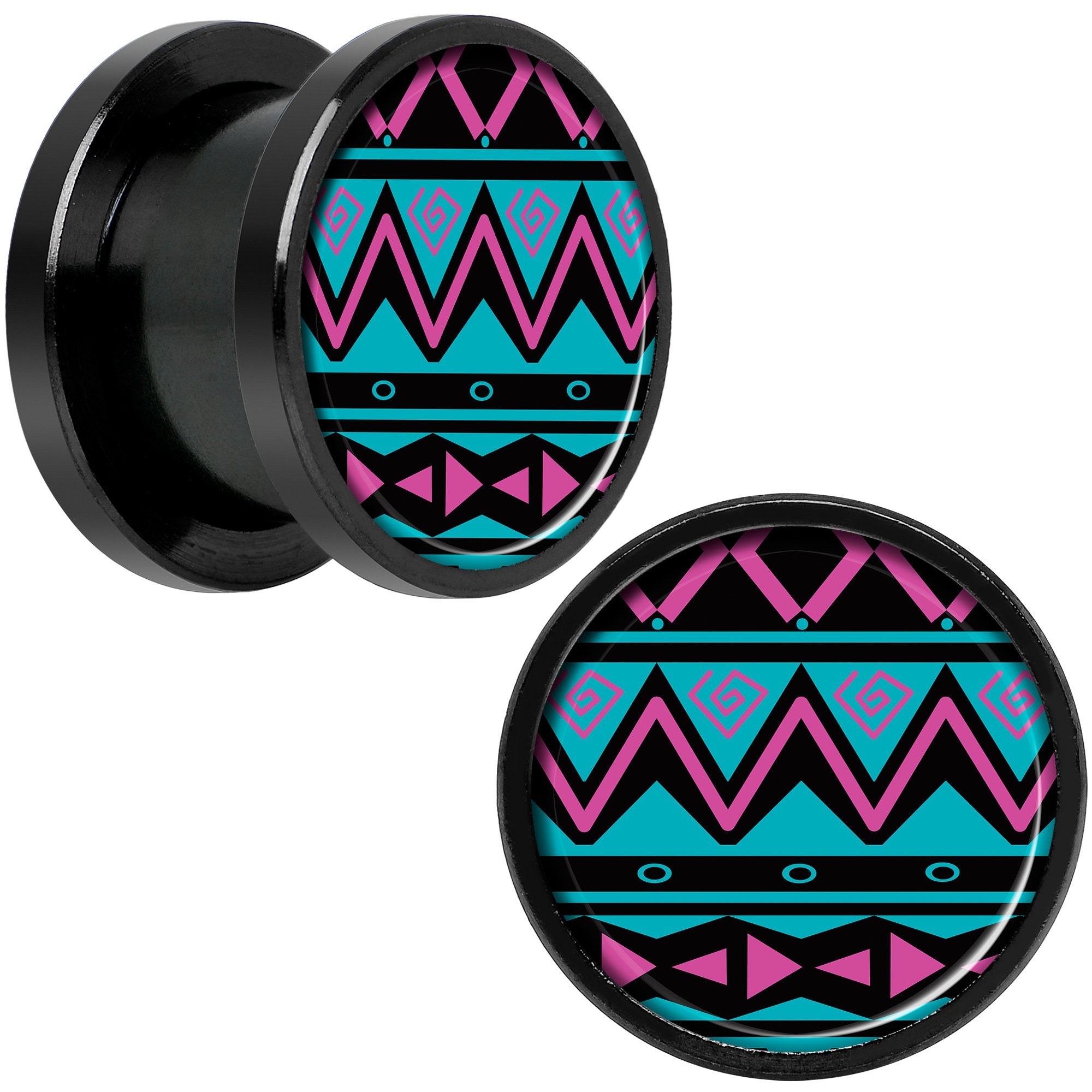 Pink Teal Tribal Print Black Anodized Screw Fit Plug Set 1/2