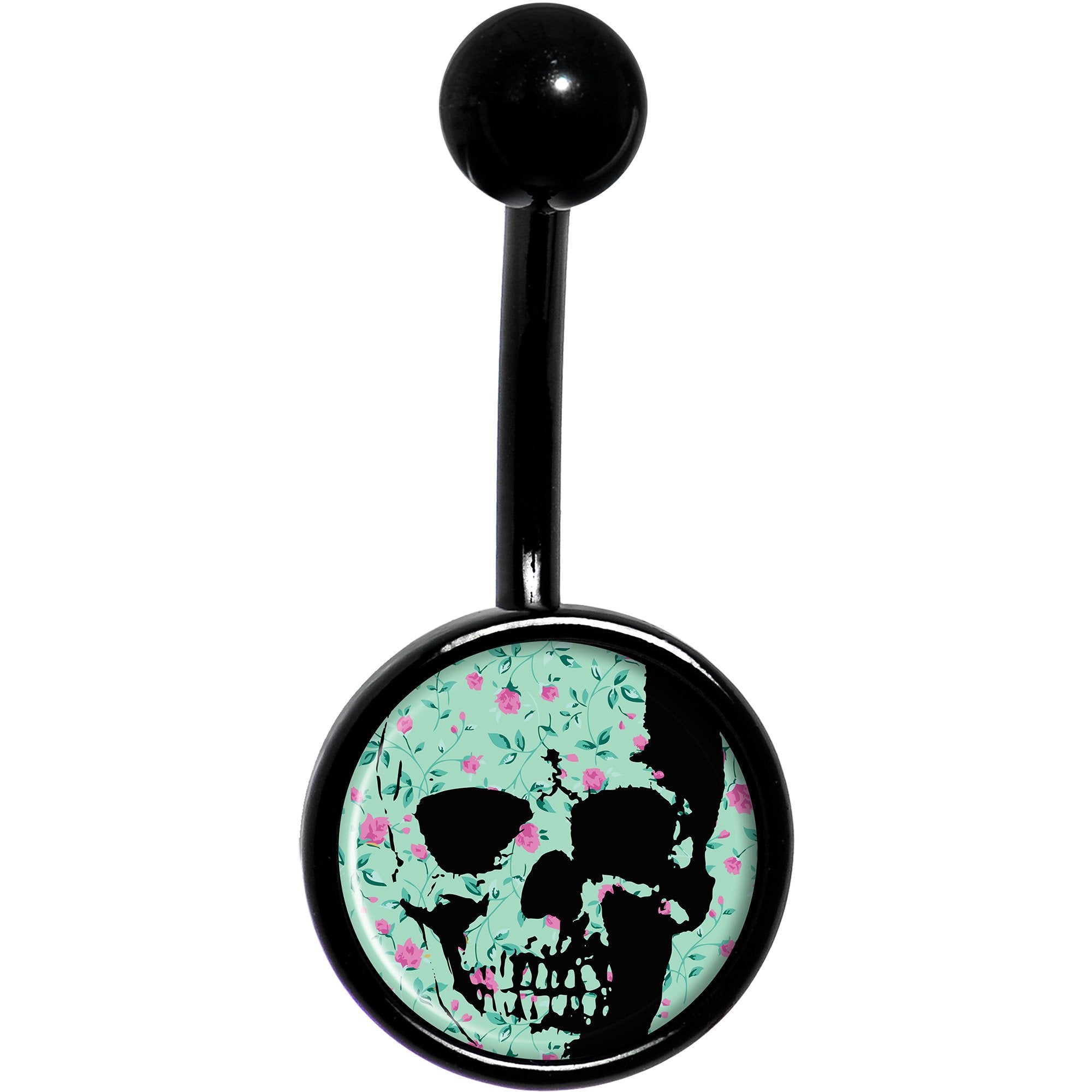 Green Pink Floral Skull Black Stainless Steel Belly Ring lightweight comfortable