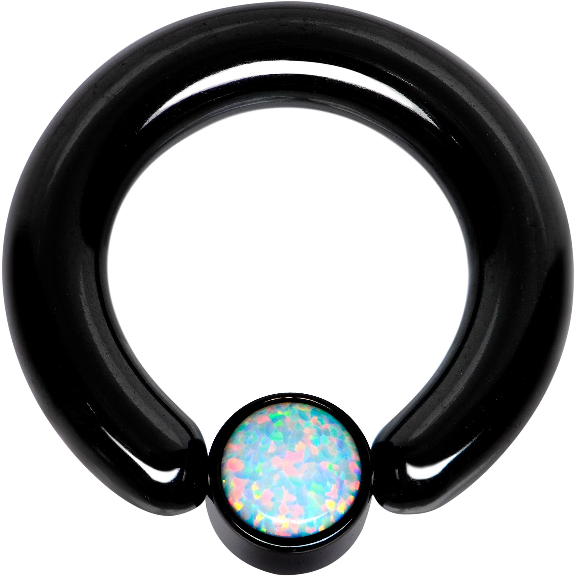 6G 1/2 White Faux Opal 6mm Disc Black IP BCR Captive Ring