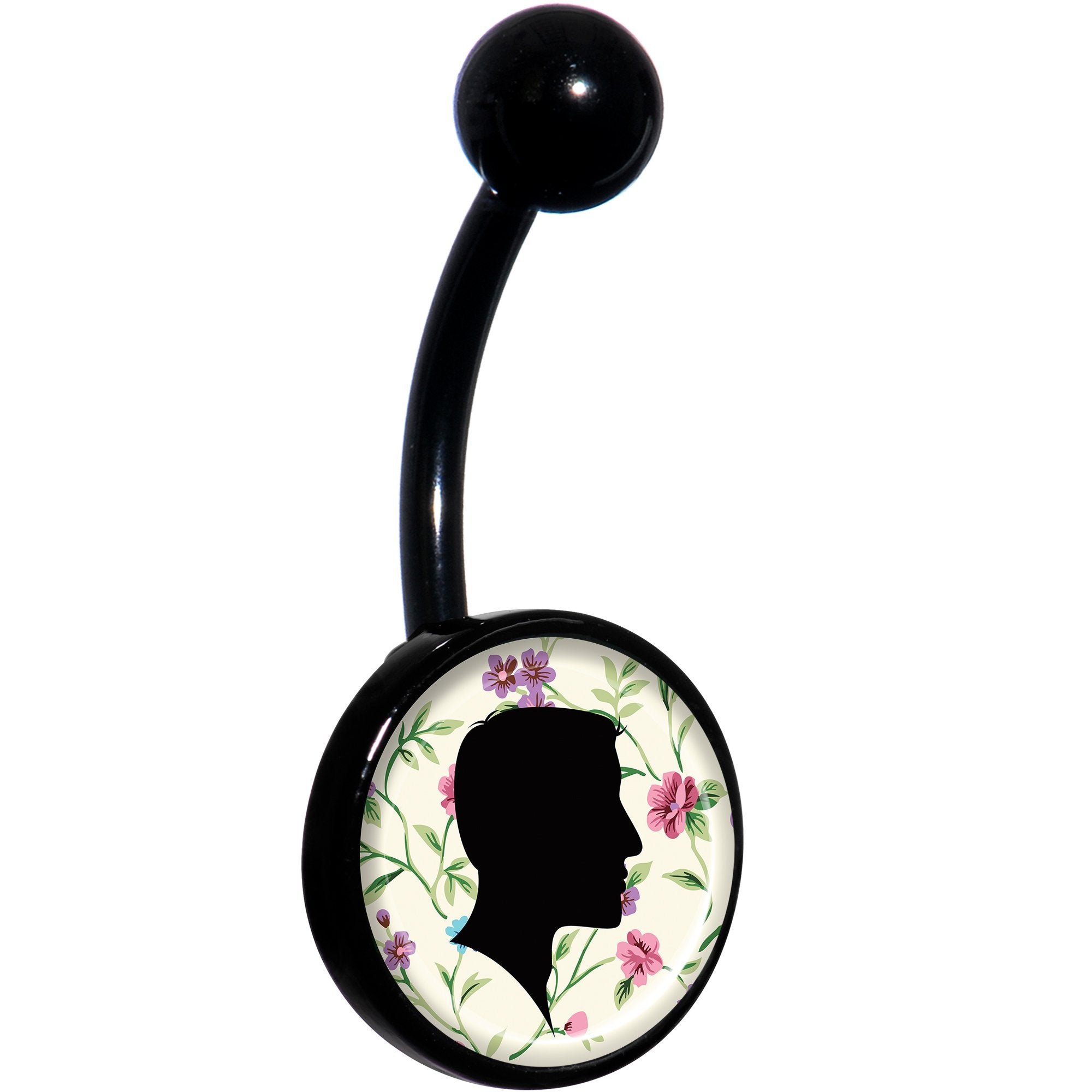 Man Floral Silhouette Black Hypoallergenic Stainless Steel Belly Ring