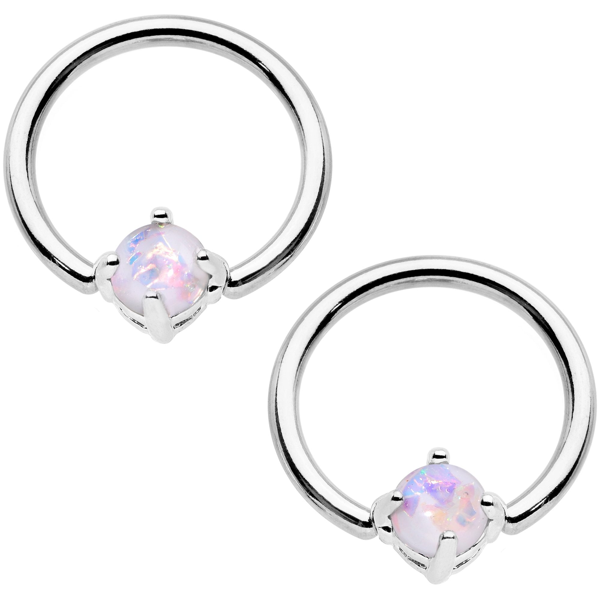 14G White Faux Opal BCR Captive Ring Barbell Nipple Ring Set