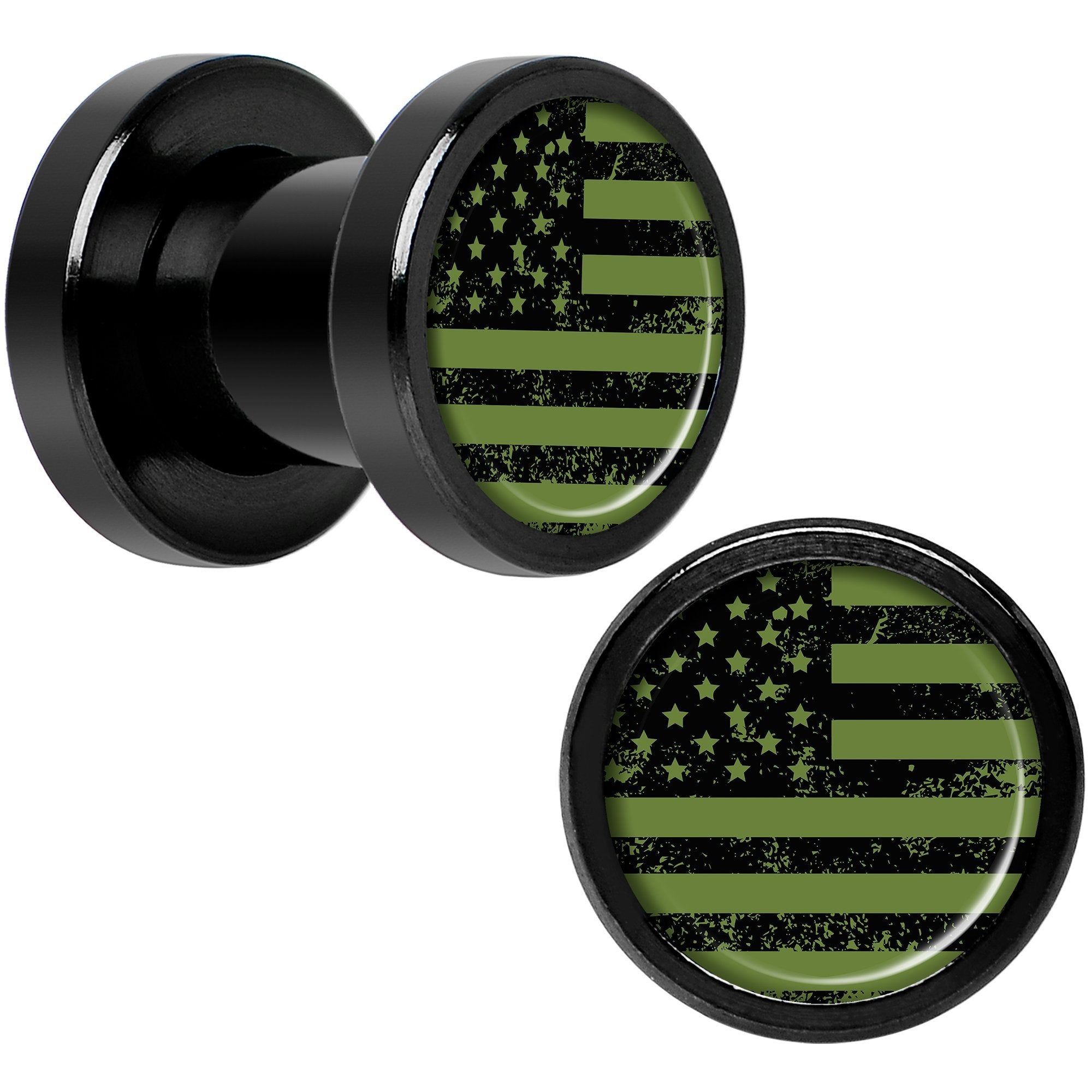 Green American Flag Black Anodized Screw Fit Plug Set 5mm to 20mm