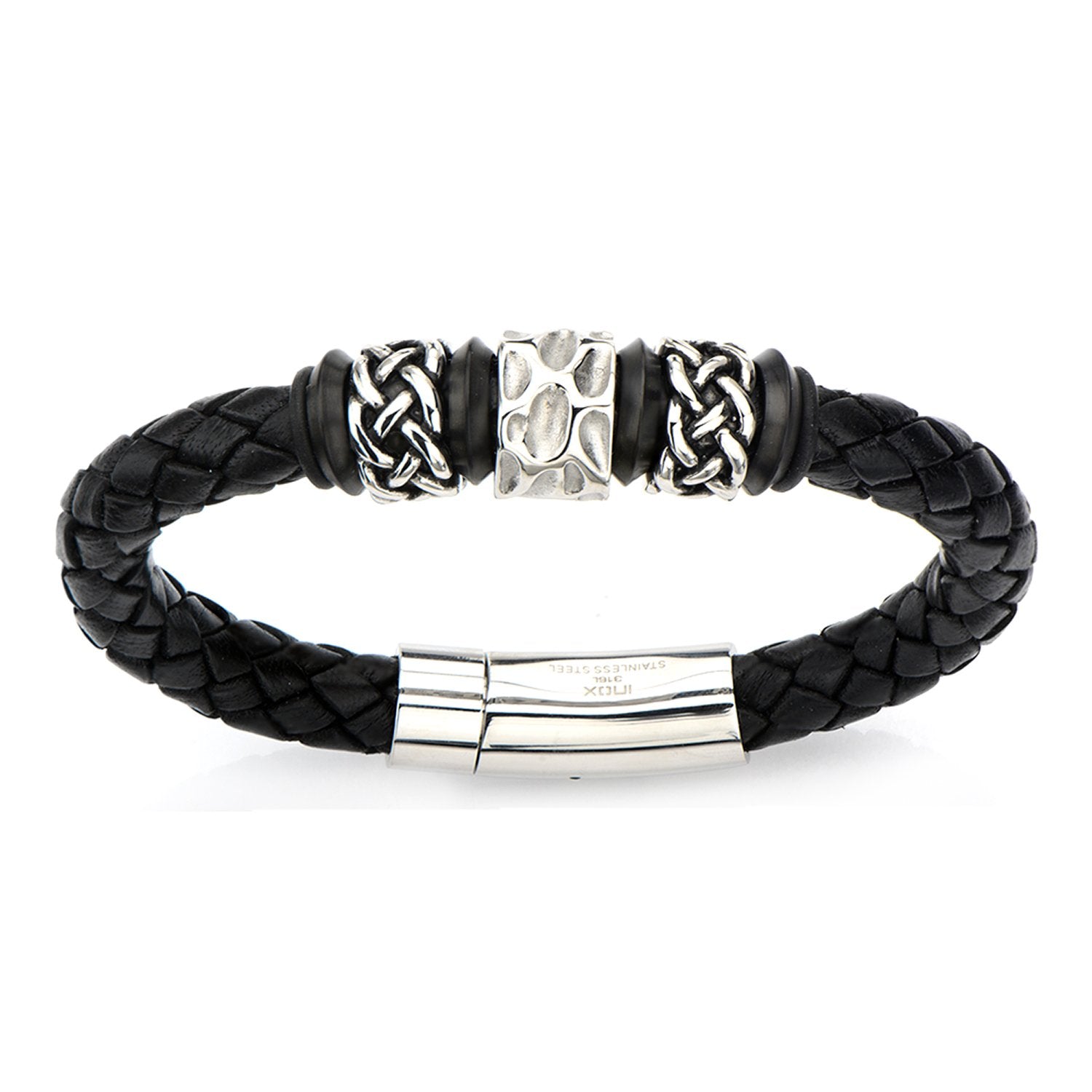Mens Stainless Steel Celtic Knot Bead in Black Braided Leather 9.5mm Bracelet