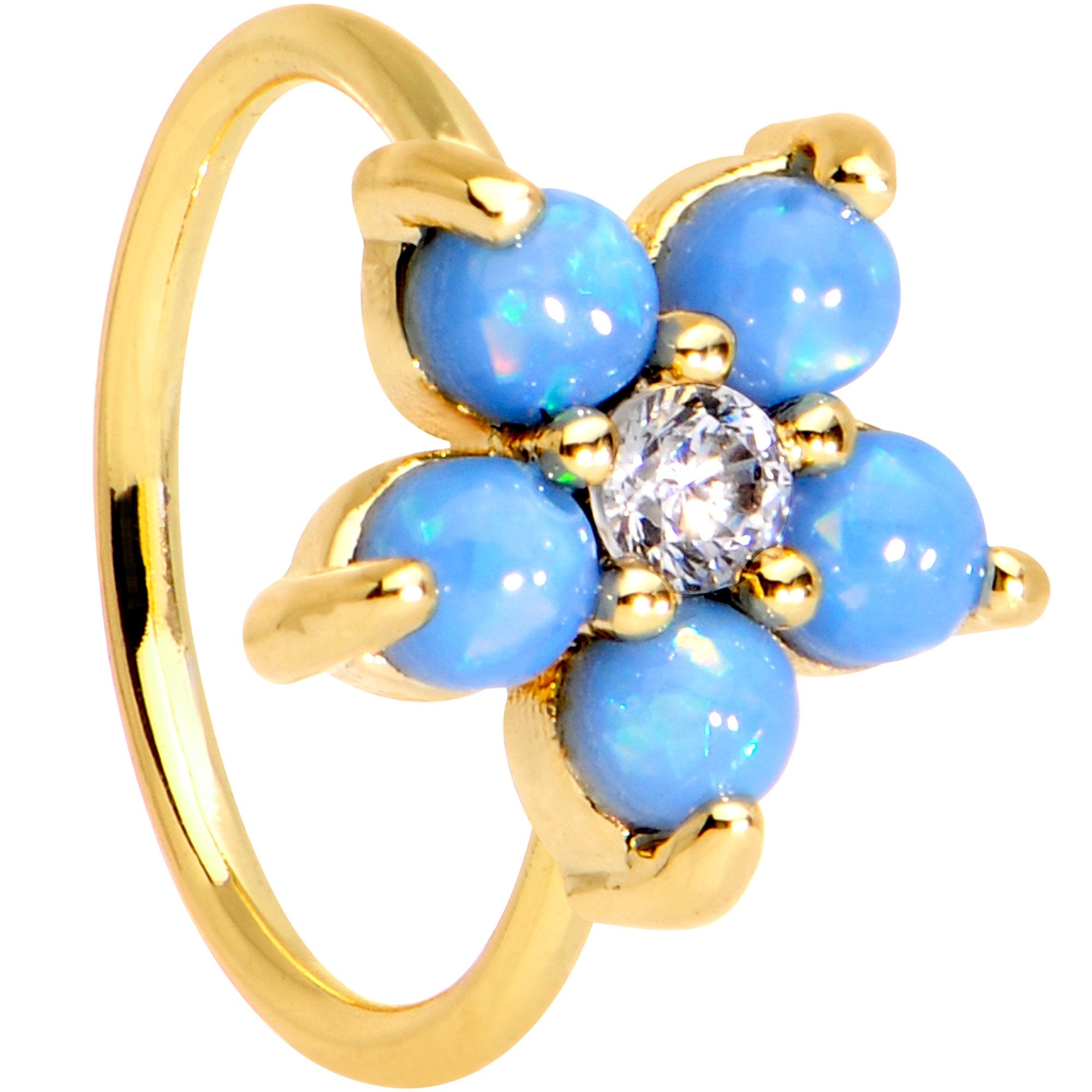 20G Clear CZ Light Blue Faux Opal Gold Tone Flower Circular Ring