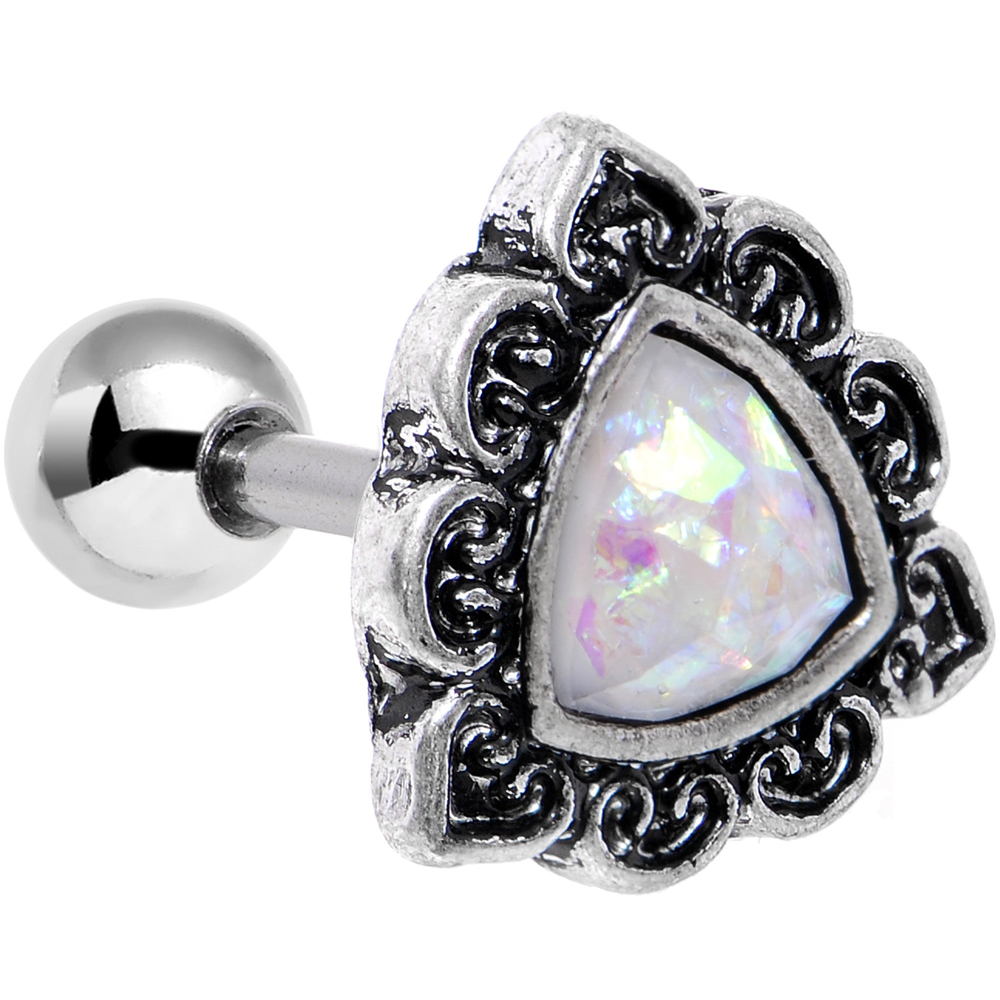 16G Iridescent White Faux Opal Ornate Tragus Cartilage Earring