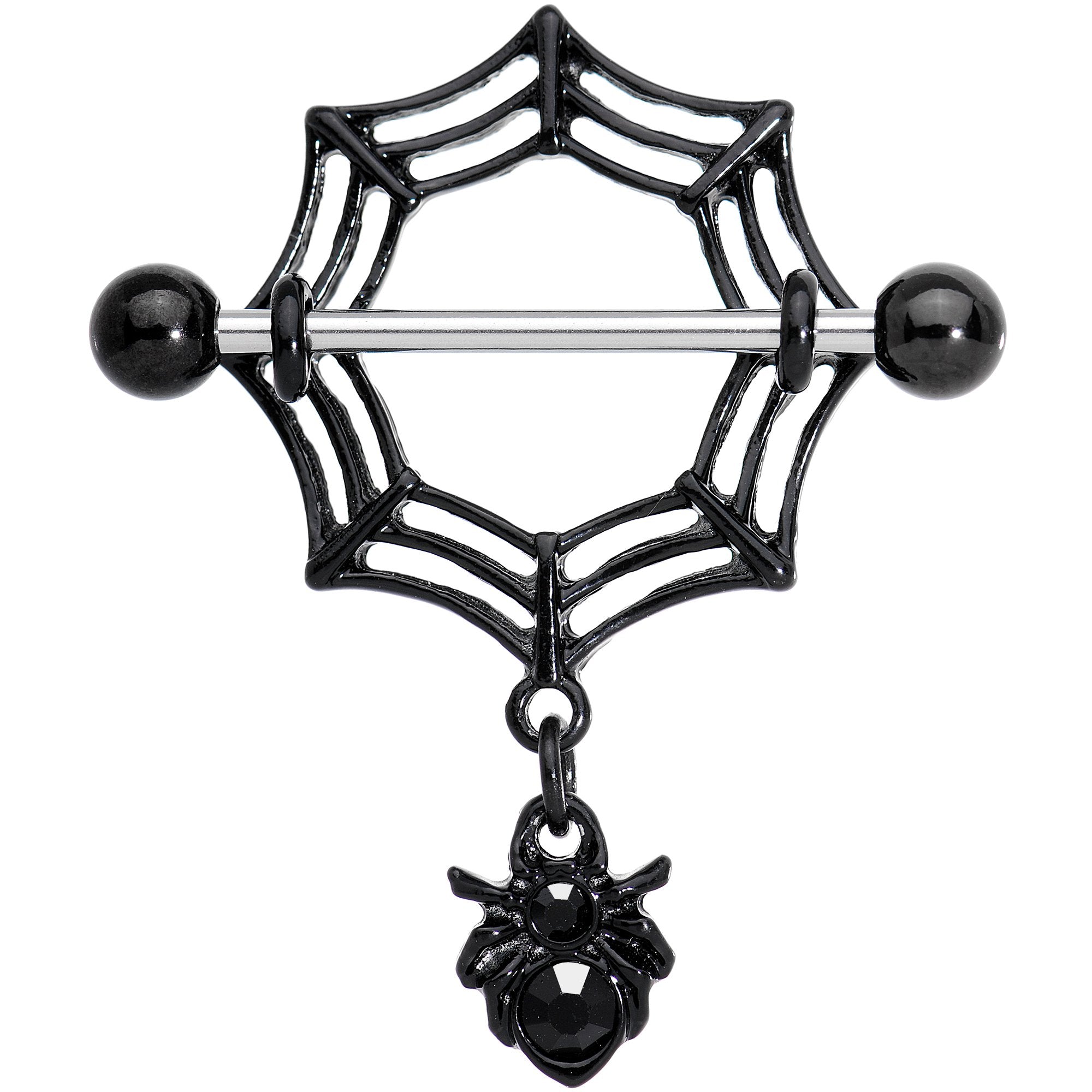 9/16 Black Gem Black Spiders Webs Halloween Dangle Nipple Shield Set