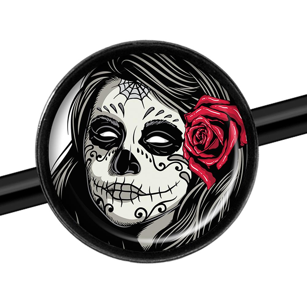 14G Katrina Sugar Skull with Rose Flower Black Industrial Barbell 37mm