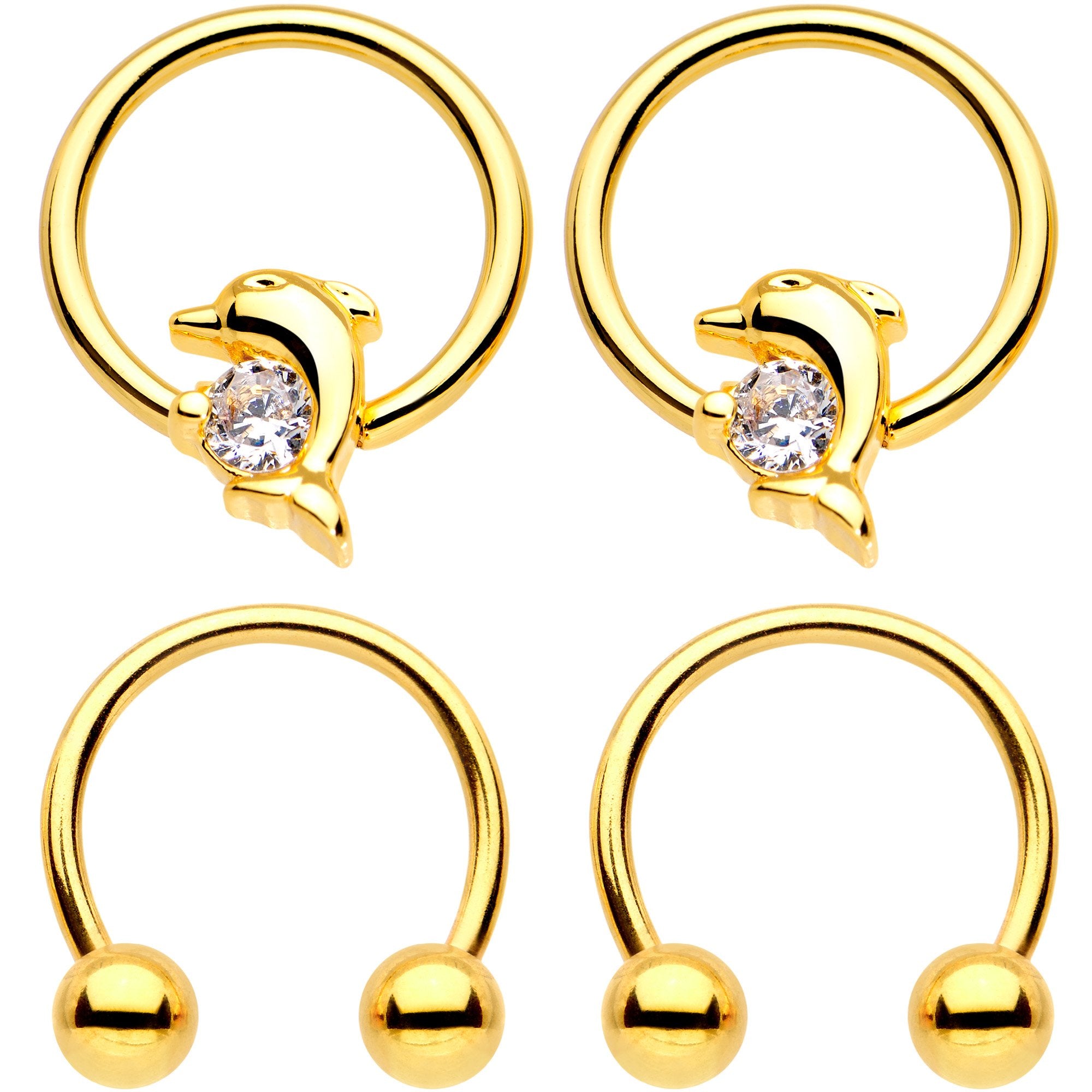 16G Clear Gem Gold Tone Dolphin Horseshoe Captive Ring Nipple Set