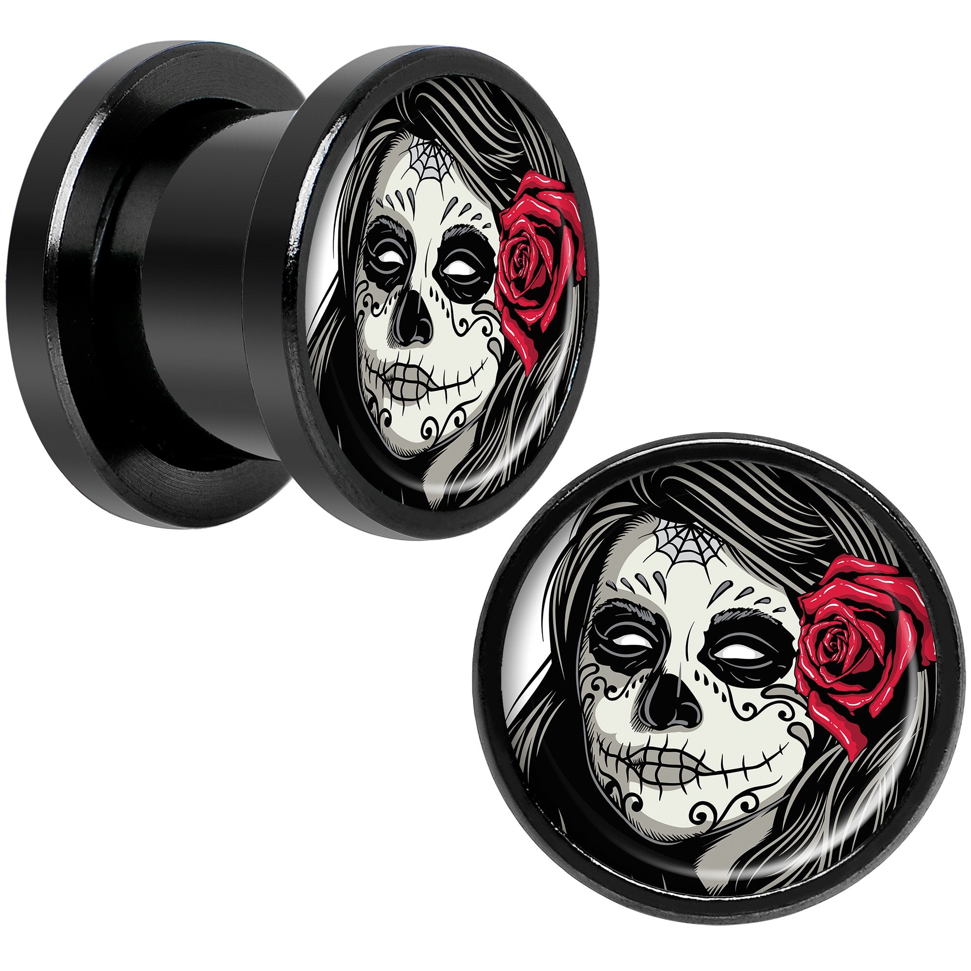 Katrina Sugar Skull Rose Flower Black Anodized Screw Fit Plug Set 00G