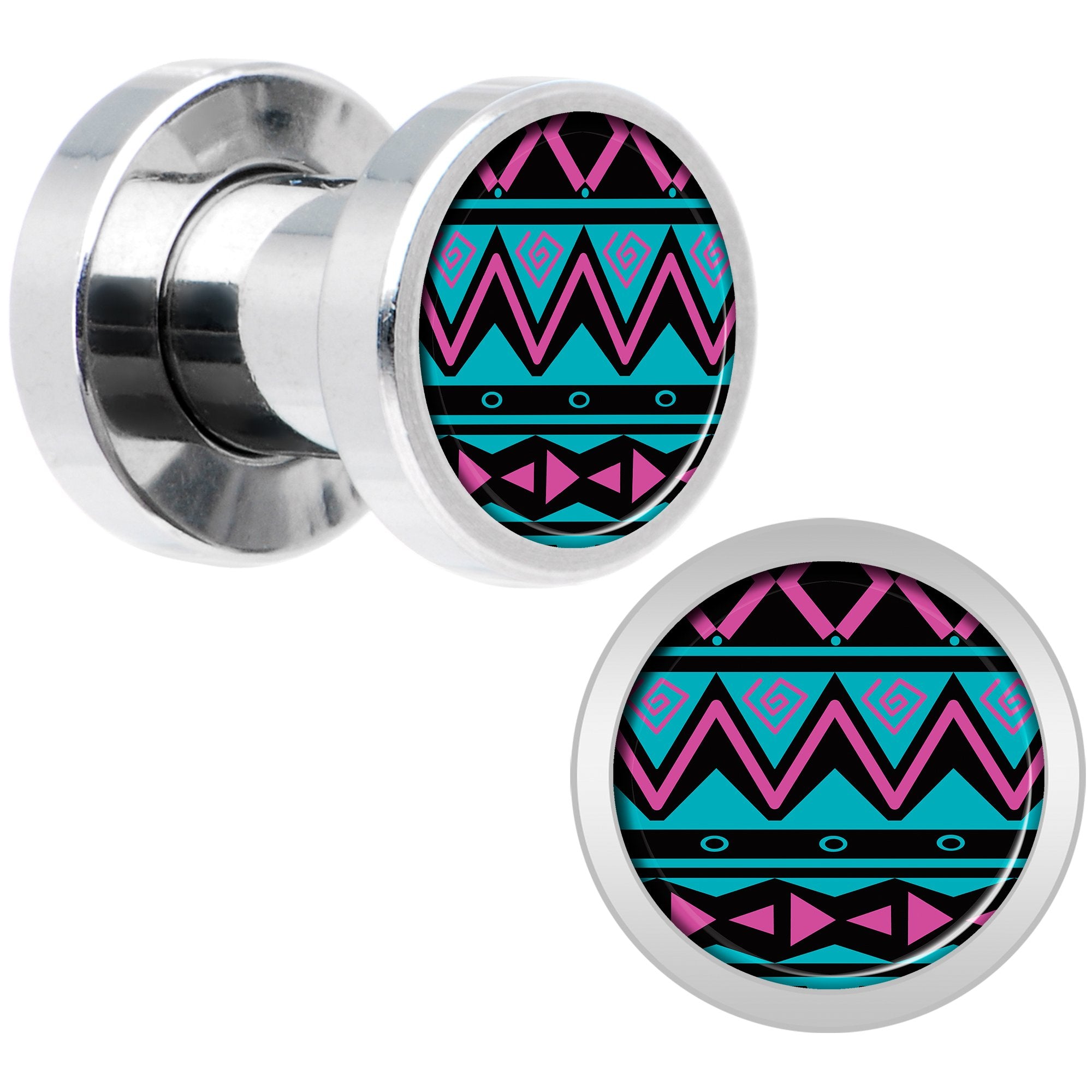 Pink Teal Tribal Print Steel Screw Fit Plug Set 4G