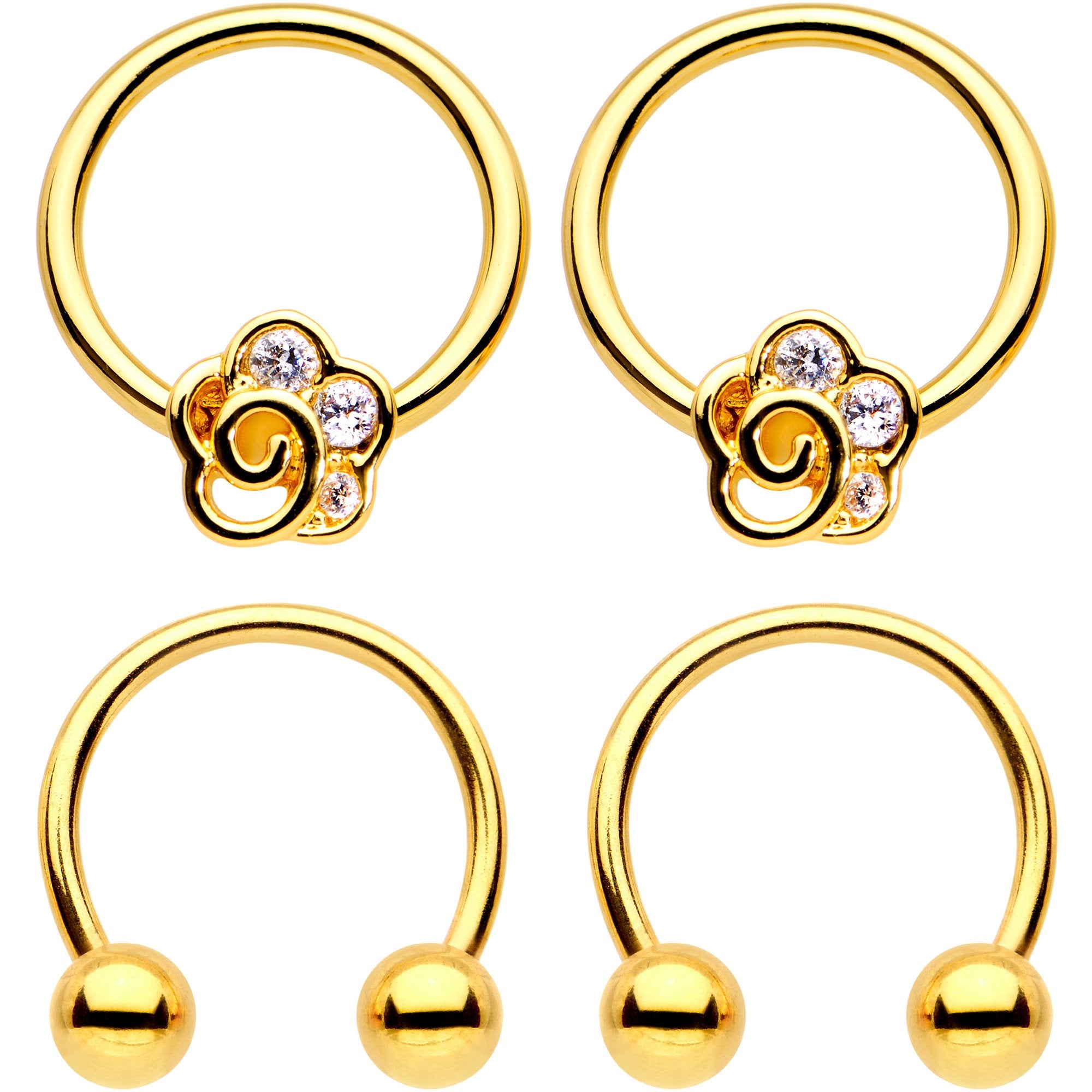 16G Clear Gem Gold Tone Flower Horseshoe Captive Ring Nipple Set