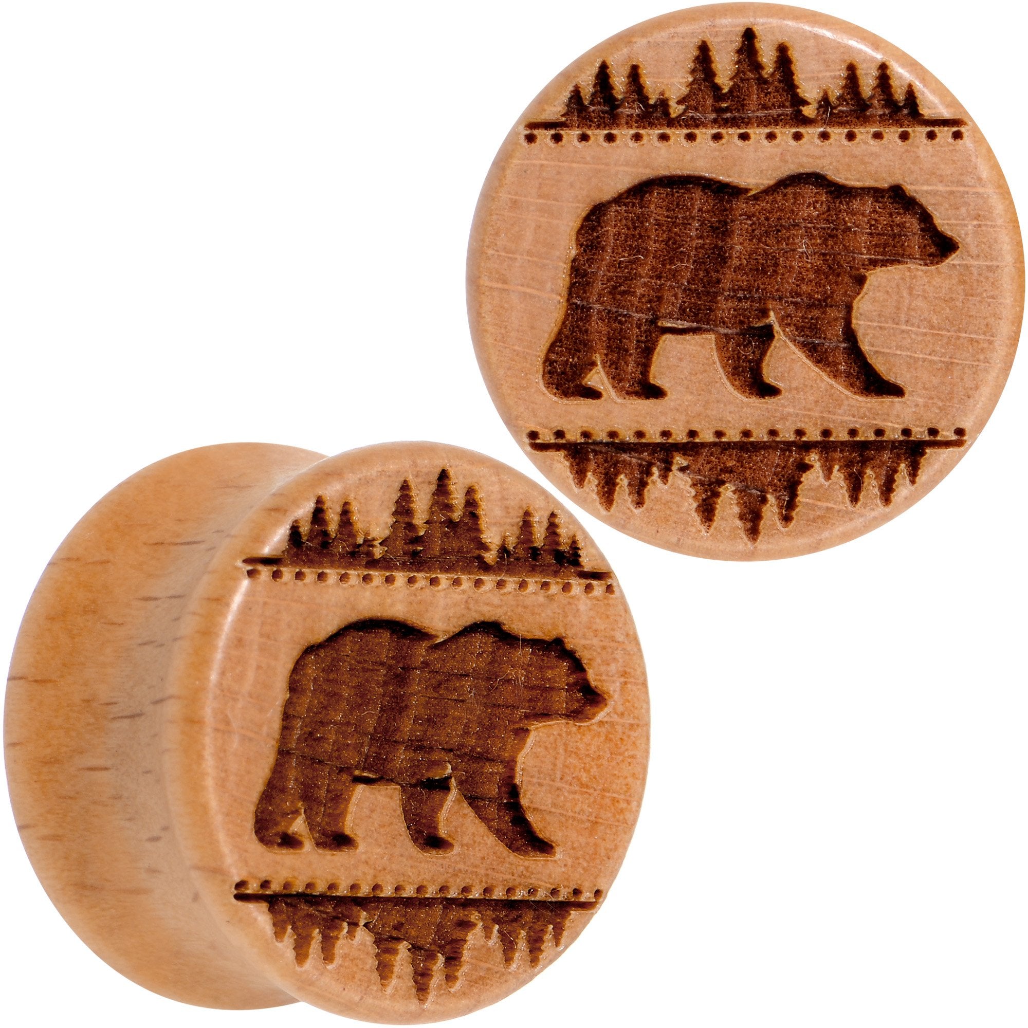 Organic Beechwood Holiday Bear in the Woods Saddle Plug Set Sizes 8mm to 20mm