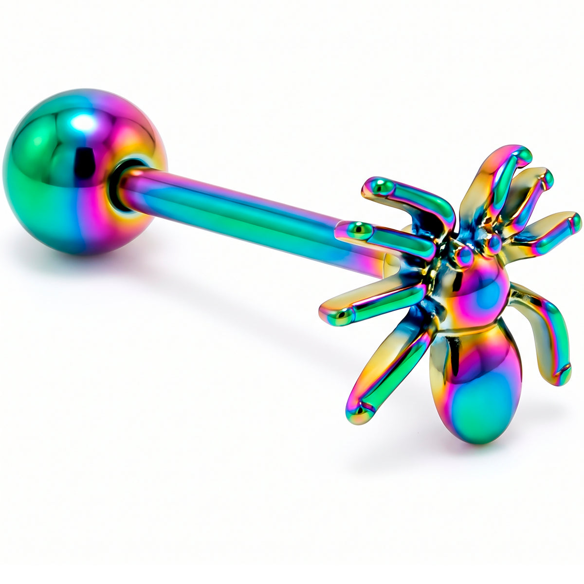 Rainbow Titanium Anodized 3-D Spider Barbell Tongue Ring