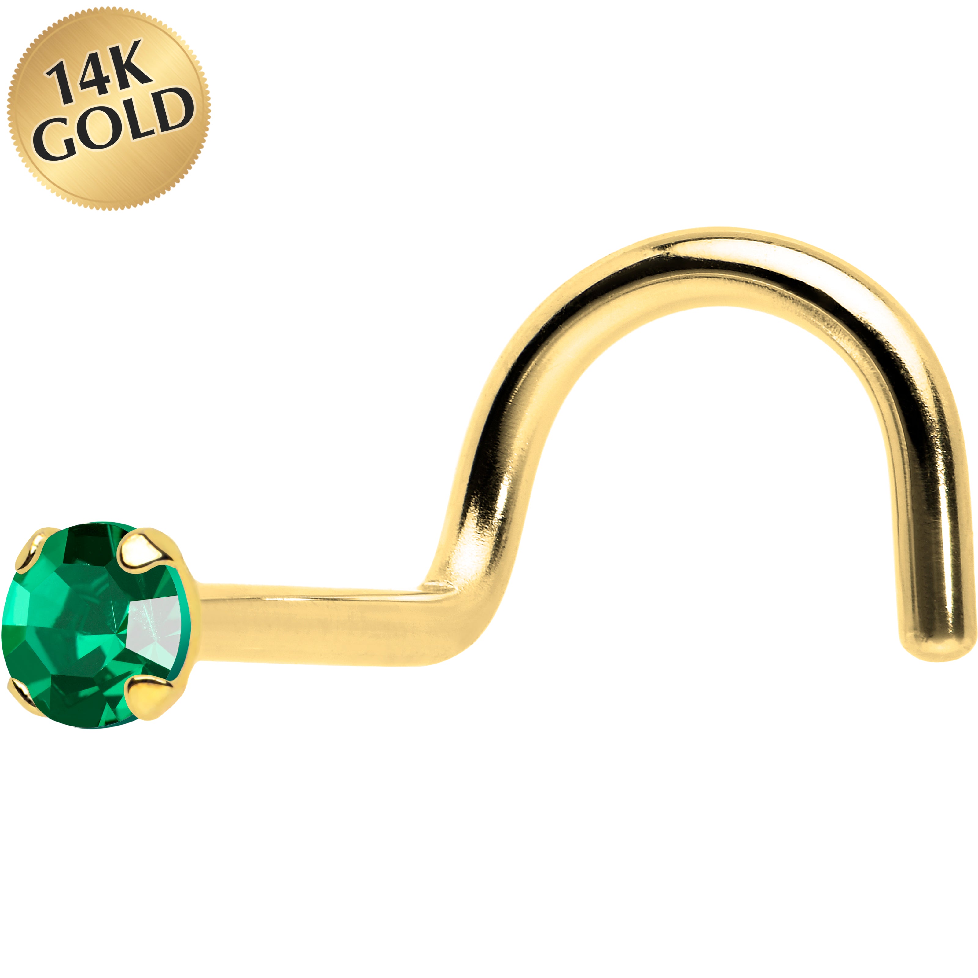 Solid 14k Yellow Gold 2mm Emerald Cubic Zirconia Solitaire Nose Ring