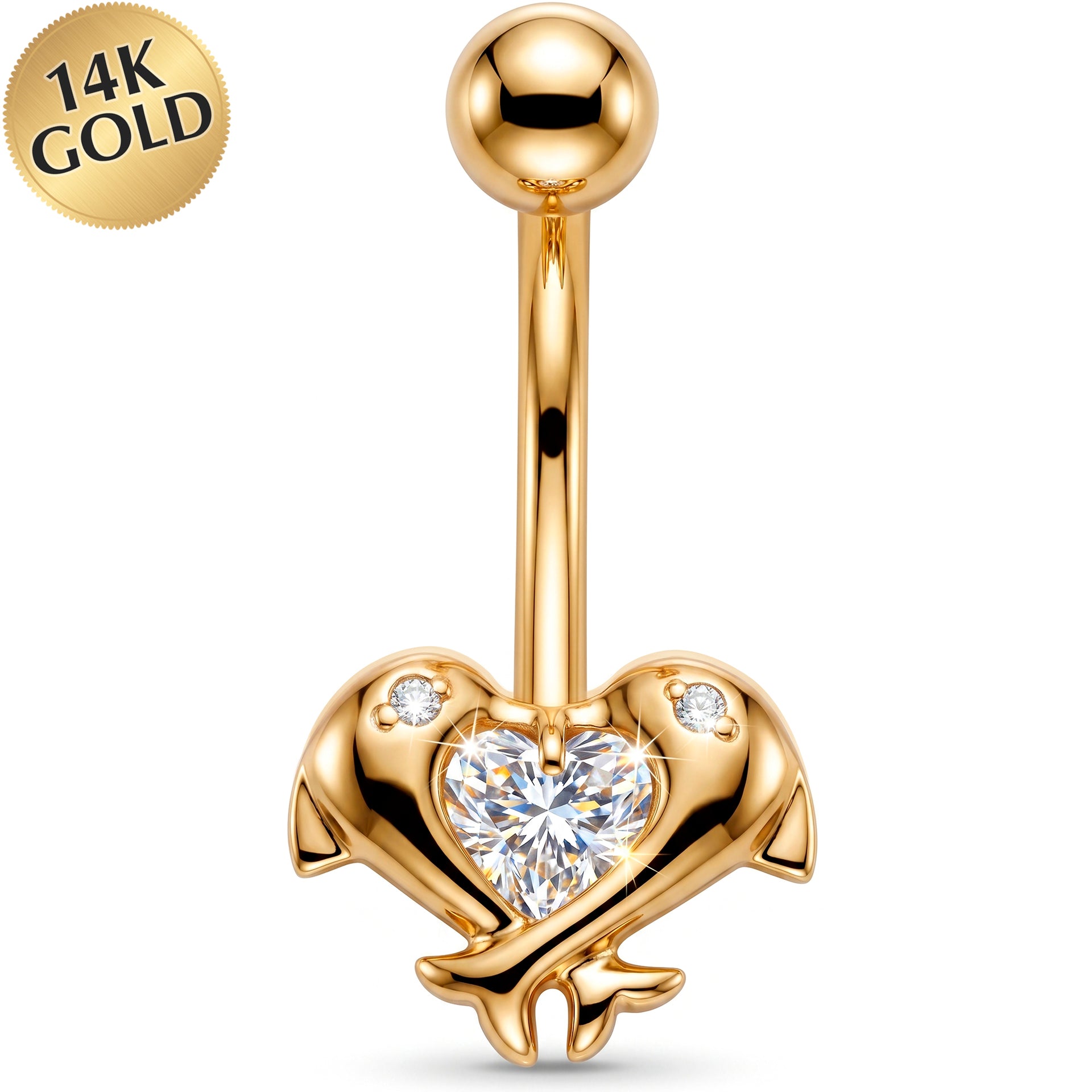 16G Solid 14k Yellow Gold Cubic Zirconia Dolphin Kiss Belly Ring