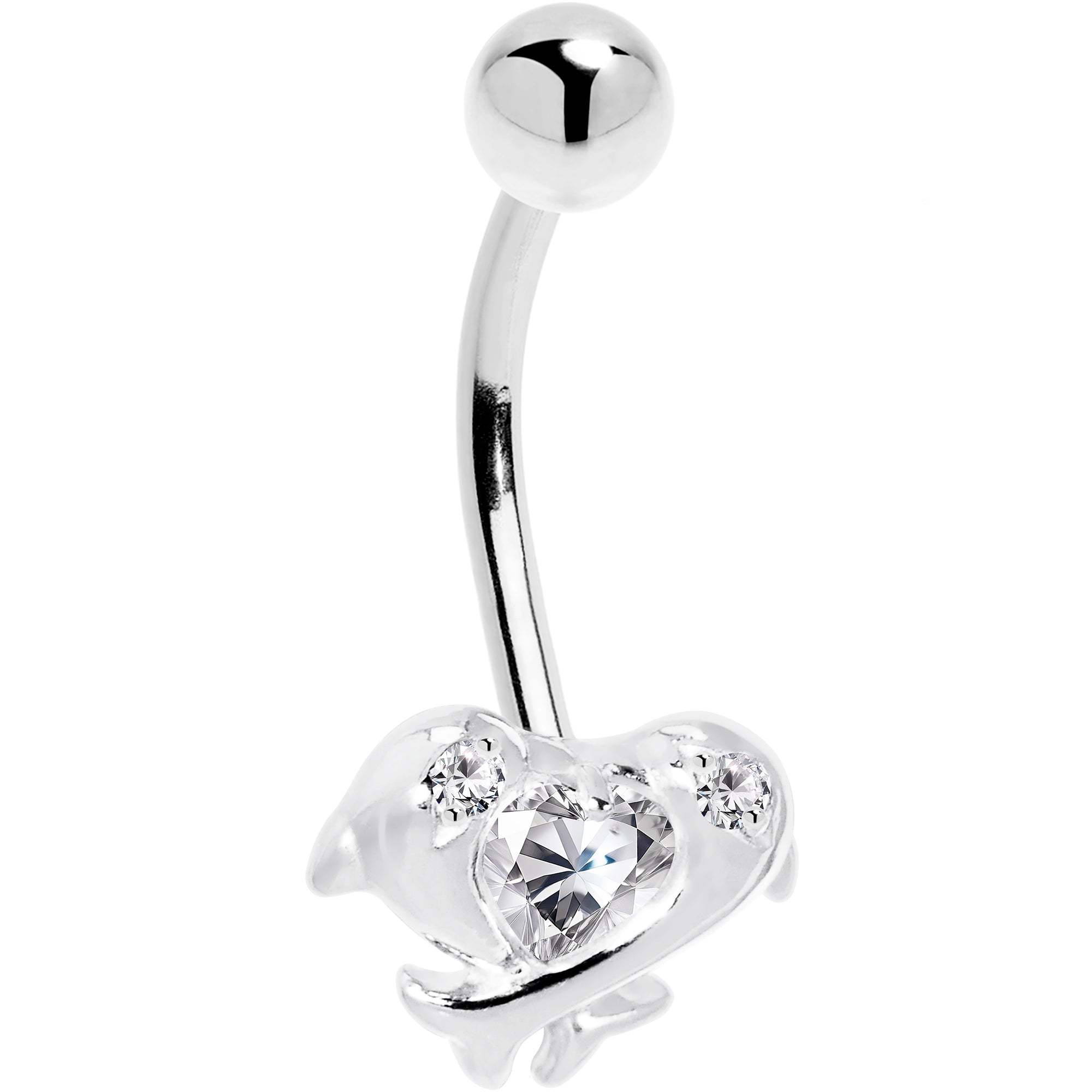 16G Solid 14k White Gold Cubic Zirconia Dolphin Kiss Belly Ring